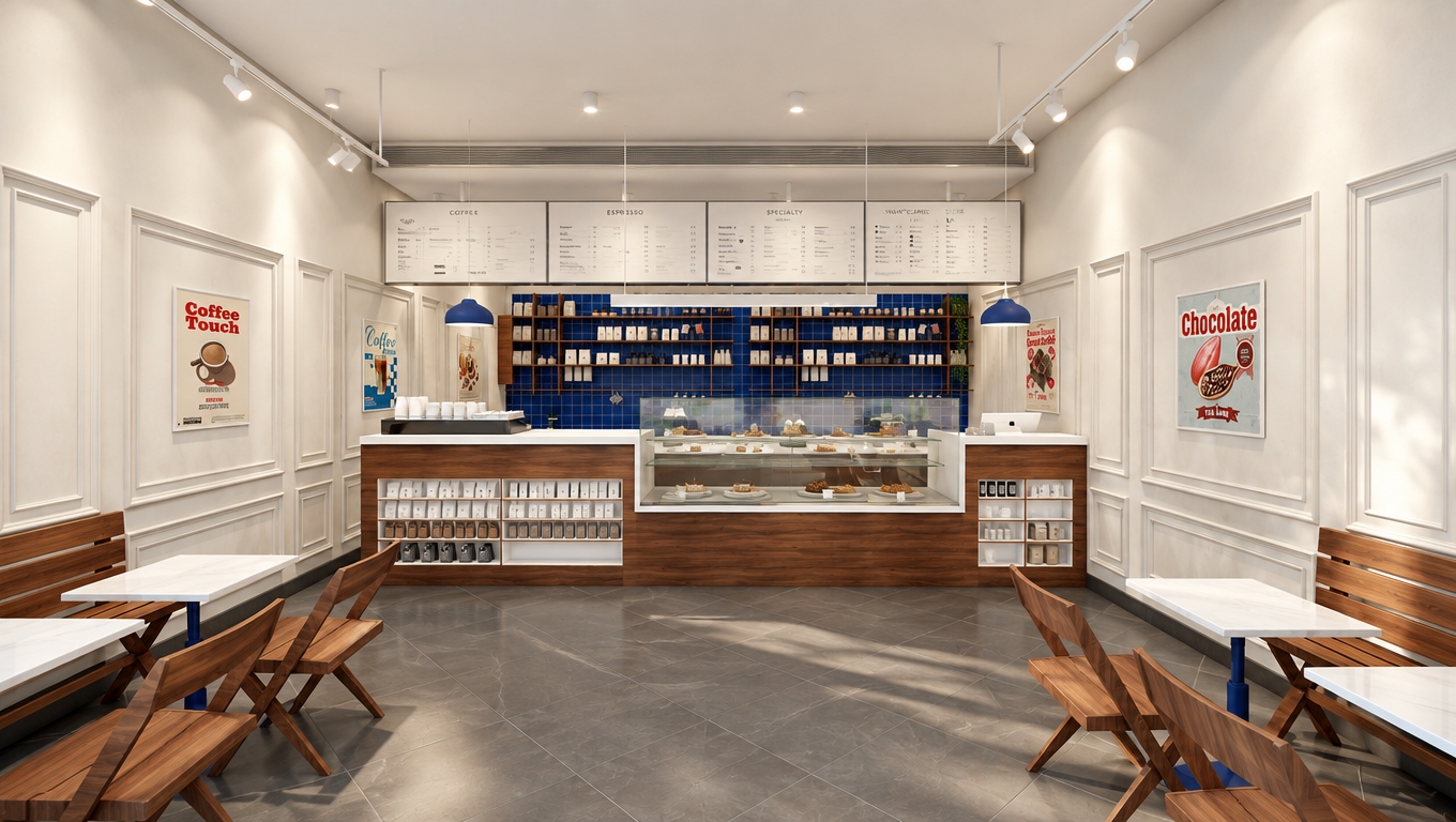 An incredibly lifelike, richly detailed, photorealistic interior shot of a minimalist coffee shop set in an urban sanctuary. The scene is illuminated by crisp, directional track lighting and soft, diffused ambient light, creating a serene, uncluttered atmosphere. Captured with a 35mm lens, emphasizing the tactile textures of the warm walnut woodwork against the cool, slate-gray floor tiles.

The design is a masterclass in streamlined elegance, where the functional service counter acts as the focal point, accented by a striking deep-blue tiled backsplash. Clean, white paneled walls define the perimeter, adorned with understated vintage-style posters that add a touch of personality without compromising the Zen-inspired aesthetic. The furniture—sleek white tabletops paired with refined wooden seating—promotes a sense of harmony and intentionality. Clutter-free surfaces and the sharp, geometric lines of the cabinetry enhance the modern feel, while the entire composition offers a balanced, inviting perspective that feels both professional and deeply tranquil.