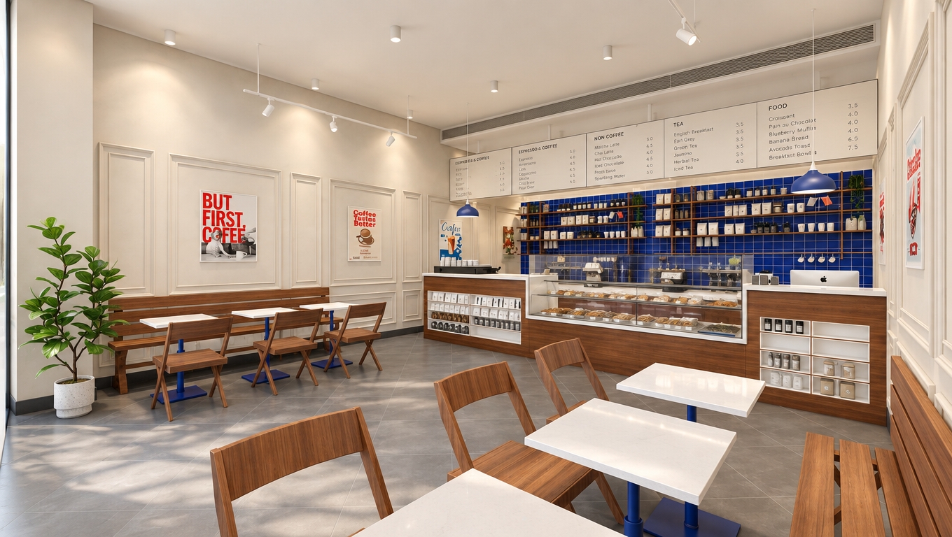 An incredibly lifelike, richly detailed, photorealistic interior shot of a serene coffee shop set in a bustling urban environment. The scene is illuminated by soft, diffused midday light streaming through unseen windows, creating a clean, inviting atmosphere. Captured with a 35mm wide-angle lens, the image emphasizes the seamless integration of warm walnut-toned wooden chairs and crisp white tabletops against a sophisticated backdrop of neoclassical wall molding.

The design is a minimalist haven, characterized by an uncluttered, streamlined aesthetic that balances modern functionality with timeless elegance. A striking wall of vibrant cobalt blue tiles behind the service counter serves as a focal point, grounding the monochromatic palette of whites and soft grays. The space is adorned with subtle, tasteful elements: a lush potted plant adds a touch of organic life, while playful graphic posters provide a hint of personality to the otherwise Zen-inspired walls. Clutter-free surfaces and high-quality finishes, from the matte tile flooring to the sleek menu boards, evoke a professional, polished environment, perfect for a quiet morning espresso.