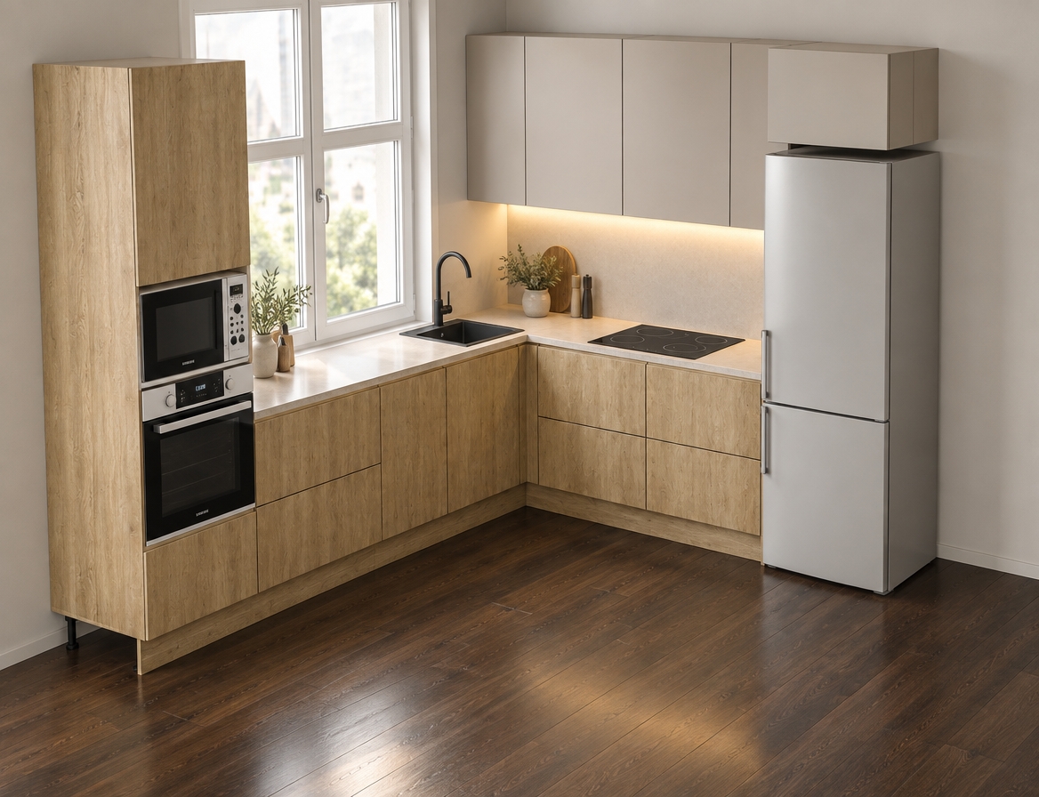 An incredibly lifelike, richly detailed, photorealistic interior shot of a modern L-shaped kitchen set in a minimalist apartment. The scene is illuminated by soft, natural midday light streaming through the adjacent window, creating a serene and airy atmosphere. Captured with a 35mm lens, emphasizing the tactile textures of the light "Cassella" wood grain on the base cabinets and tall pantry unit, which contrasts beautifully with the sleek, matte beige-grey upper cabinetry. 

The composition highlights the seamless integration of modern technology, featuring a flush-mounted black glass induction cooktop and a minimalist matte black sink with a sophisticated high-arc faucet that catches the light with subtle, crisp reflections. Warm, diffused LED under-cabinet lighting creates a gentle glow across the light beige composite countertop, highlighting a few tasteful decorative accents. The rich, dark hardwood flooring grounds the space, displaying an authentic natural grain and a soft, realistic depth of field that draws the eye toward the clean lines and harmonious material palette of this refined culinary haven.