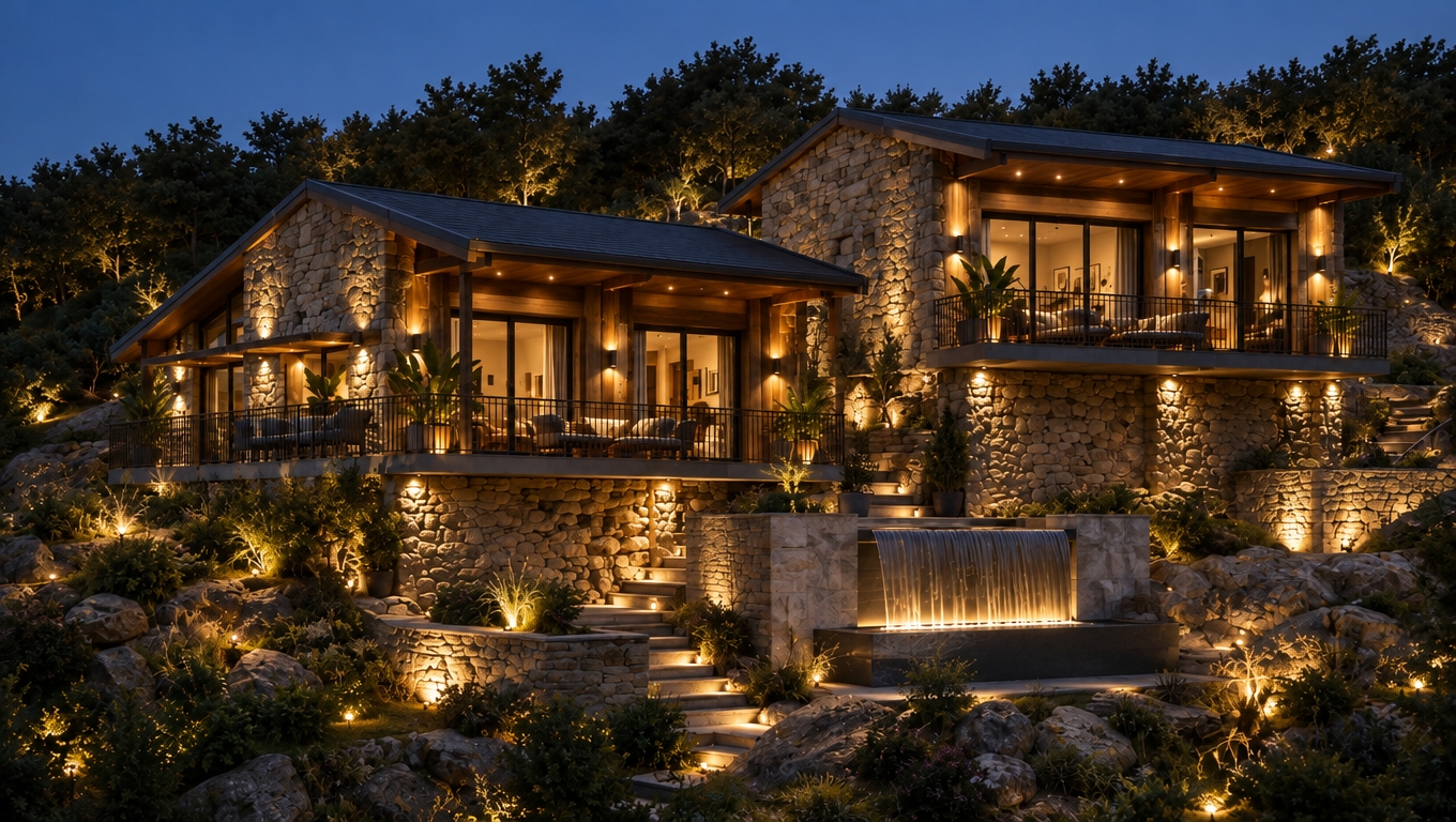 A real architectural photograph of the stone villa at dusk, maintaining the identical composition, geometry, and rustic stone and timber materials. The scene is illuminated by warm 2700K exterior uplights and interior fixtures contrasting with the deep indigo evening sky. Natural surface textures show authentic roughness on the fieldstone walls, soft reflections on the glass panes, and a realistic silky motion blur across the illuminated waterfall. Shot on a wide architectural lens with deep depth of field, balanced exposure preserving shadow detail in the surrounding hillside foliage, subtle film grain, and gentle peripheral vignetting for a photographic finish.