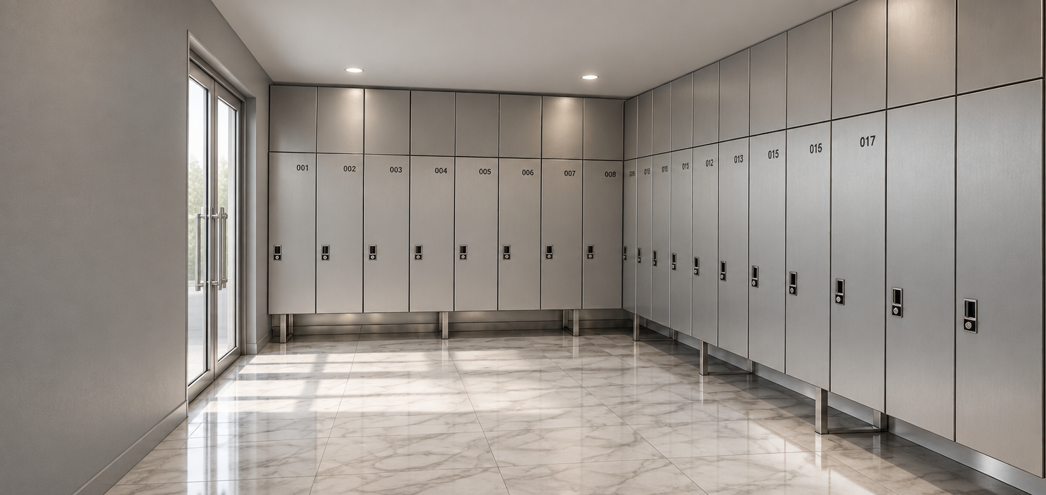 A crisp architectural photograph captures this locker room through a wide-angle interior lens, featuring a flat ceiling set precisely flush against the top edge of the locker cabinets with zero clearance. The surrounding walls are coated in a smooth, uniform neutral gray matte finish, complementing the polished, softly reflective marble floor tiles below. Diffuse overhead lighting and soft daylight entering near the glass double doors cast natural contact shadows beneath the raised metal locker bases, emphasizing subtle brushed metal textures, locker handle details, and crisp numbered fronts with realistic dynamic range and minimal distortion.