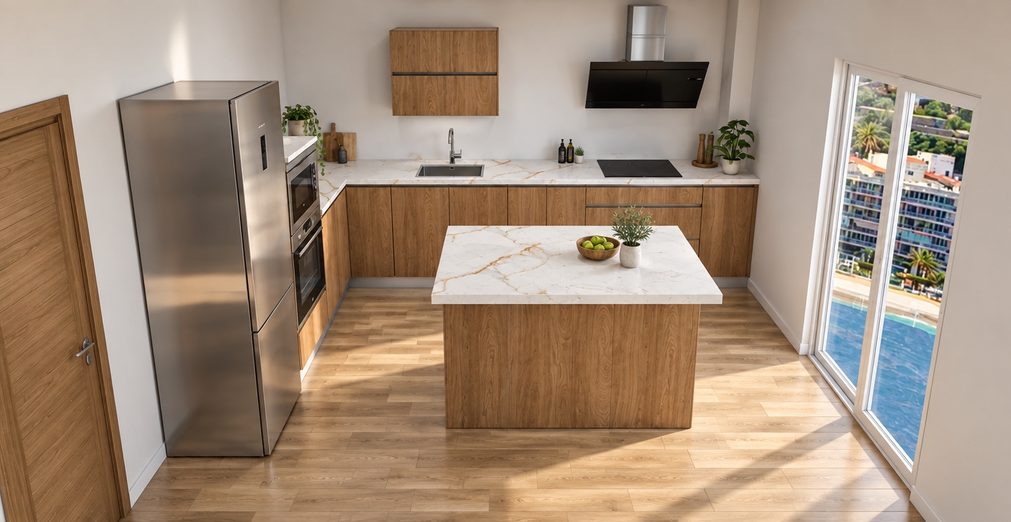 High-angle architectural photograph of this exact modern kitchen layout under bright, soft natural daylight entering through the glass doors on the right. Accurate material physics highlight the brushed stainless steel appliances, polished white marble countertops with subtle golden veining, and the authentic tactile wood grain on the cabinetry, island, and parquet flooring. Balanced ambient exposure creates gentle contact shadows beneath the cabinets and island, captured with a sharp wide-angle lens, neutral color temperature, and realistic interior photography depth without altering any geometry or placement.