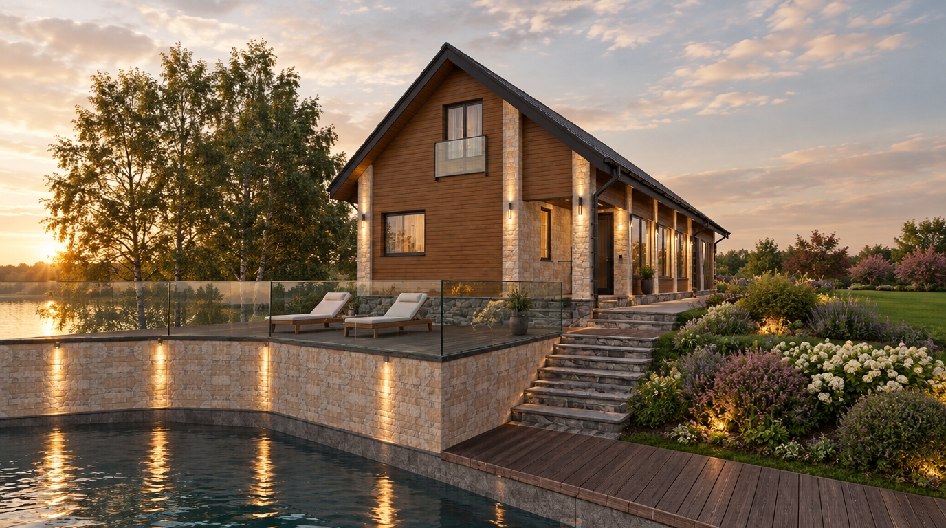 An incredibly lifelike, richly detailed, photorealistic wide-angle architectural exterior shot of a modern Scandinavian-style residence set in a tranquil lakeside landscape. The scene is illuminated by the soft, golden hues of a late afternoon sun, creating a warm, serene, and inviting atmosphere. Captured with a professional-grade 35mm lens, the image emphasizes the rich textures of natural cedar cladding, rugged stone masonry, and the pristine transparency of glass balcony railings.

The home stands as a minimalist haven, featuring warm timber siding punctuated by sturdy stone-clad columns, each accented by elegant, recessed vertical LED uplighting that casts a sophisticated glow against the textured masonry. To the right of the stone stairs, the grassy embankment is softened by lush, manicured flower beds bursting with vibrant, colorful blossoms and decorative shrubs that trail off into the distance. Below the terrace, a crystal-clear lake reflects the sky, bordered by a sleek, dark-toned wooden pier that extends over the water’s edge. The pier is enclosed by a frameless glass balustrade, providing an unobstructed view of the water, and features modern minimalist sun loungers positioned for optimal relaxation. To the left, a cluster of mature, leafy trees provides a natural frame, while the crisp perspective highlights the seamless integration between the home's contemporary architecture and the wild, verdant beauty of the surrounding environment.
