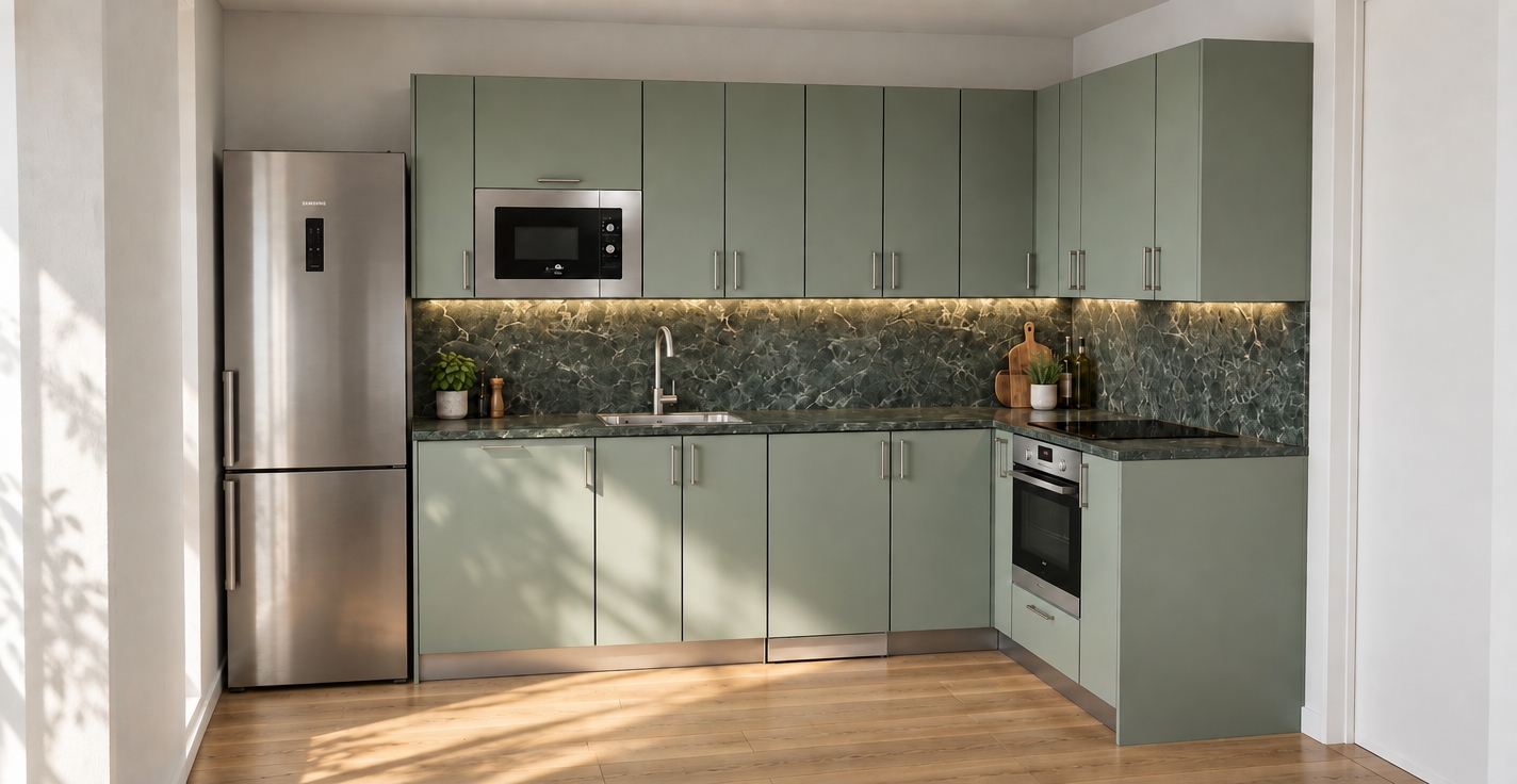 An authentic architectural photograph capturing the exact kitchen layout, shot at eye level with a 35mm tilt-shift lens. Natural daylight streams from the left, casting soft, dappled foliage shadows across the matte sage green cabinetry and light oak flooring, complemented by the warm glow of the under-cabinet lighting. Emphasize tactile, photorealistic micro-textures: high-definition veining across the dark green marble countertop and backsplash, realistic brushed metal sheen on the stainless steel refrigerator and built-in appliances, and delicate wood grain. Subtle photographic imperfections, including faint sensor grain, natural light falloff, and minor surface smudges, ensure a completely realistic finish while strictly preserving the original composition and geometry.
