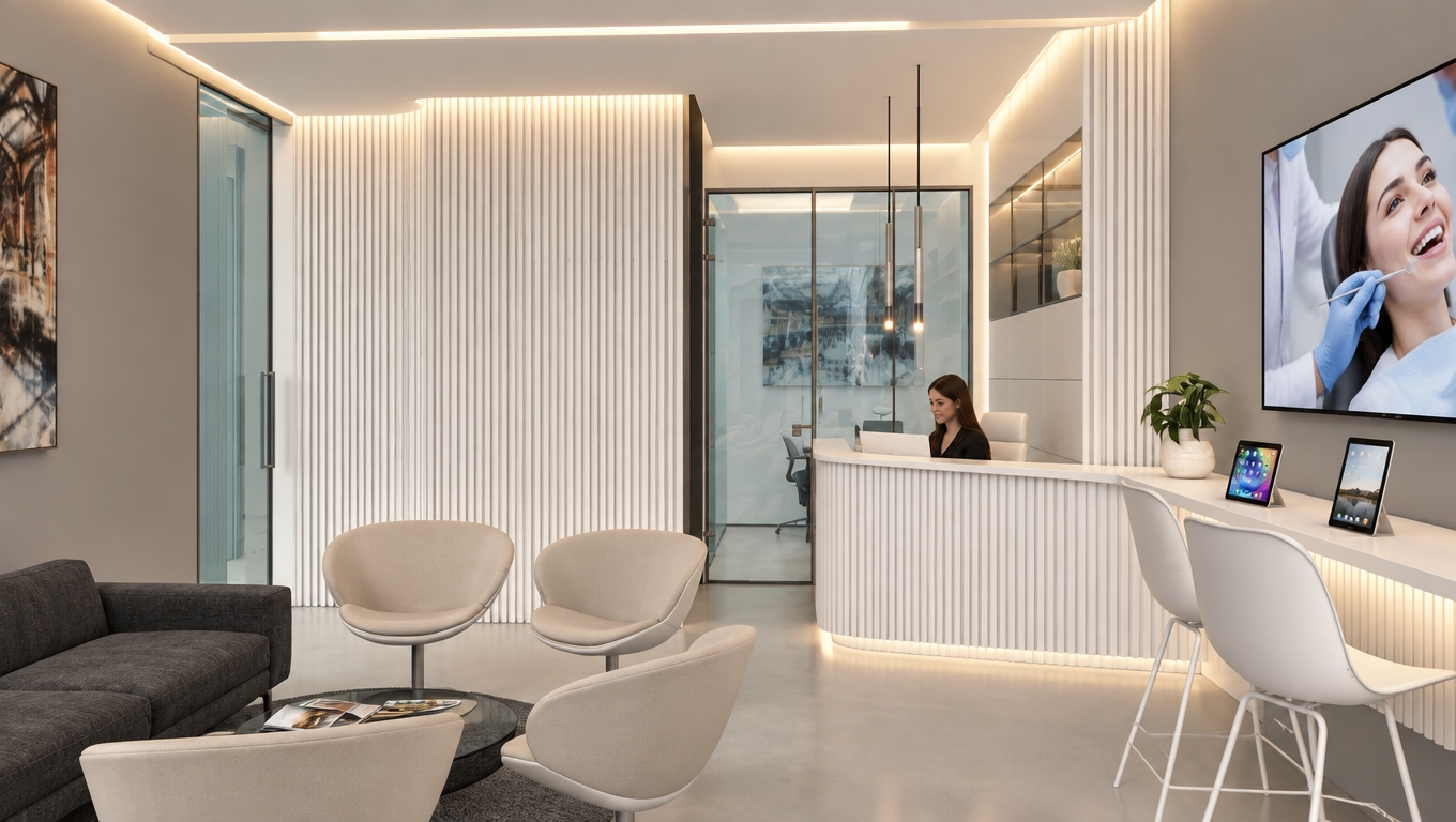3D architectural rendering of a luxurious dental practice reception area; photorealistic visualization; interior design presentation. The rendering must be strictly faithful to the provided 3D view.
Remove the SketchUp logo and text.
The floor is grey resin. The wall on the right—where the television is located—is painted a solid grey matching the floor's shade, as is the wall on the left behind the sofa. All other walls are painted white.
The ceilings are white and feature perimeter coves. Hidden LED lights within the coves cast a soft, warm white glow. Accurately depict this light washing downwards over the wood wall paneling, which features a vertical ribbed texture. The paneling is finished in matte white lacquer. Do not include ceiling spotlights.
There is a white reception desk. Depict a young woman seated behind it. Pendant lights with small, illuminated bulbs hang above the desk. Behind the desk stands a white lacquered bookcase. The bookcase features closed compartments in the bottom two rows and mirrored compartments in the middle two rows. A ceiling cove with concealed LED lighting illuminates the bookcase from above.
At the far end of the room, there is an office enclosed by transparent glass walls; there are no windows.
The upholstered sofa in the foreground is covered in dark grey fabric; the armchairs feature beige fabric and white frames; the round rug matches the sofa's grey tone. The two stools on the right are white. The TV displays a dentist's office image; the iPads must be turned on.