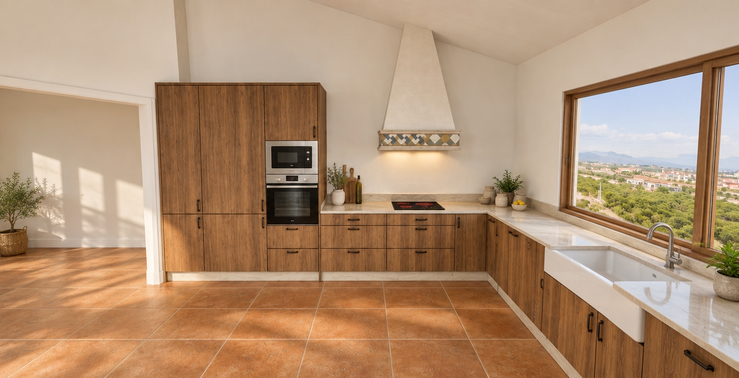 A professional architectural photograph capturing the exact layout, geometry, and finishes of the kitchen. Natural daylight streams through the large window, casting soft shadows across the warm, matte-finish terracotta floor tiles and highlighting the authentic grain on the vertical wood cabinetry. The unique suspended geometric-patterned range hood is crisply defined with realistic materials, cable tension, and texture. Reflections subtly catch on the glass oven faces, electric cooktop, and ceramic farmhouse sink, while clean ambient light fills the pitched white walls, captured with a sharp wide-angle lens showing realistic depth and delicate tonal gradation.