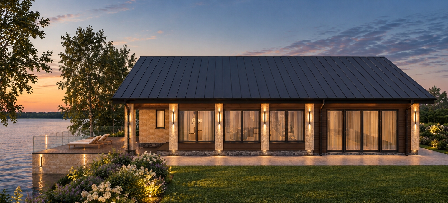 An incredibly lifelike, richly detailed, photorealistic eye-level exterior shot of a sophisticated modern lakeside villa set in a serene, sun-drenched landscape at twilight. The scene is illuminated by the warm, amber glow of vertical architectural LED uplights mounted on stone pillars, creating an inviting, tranquil atmosphere. Captured with a 35mm wide-angle lens, emphasizing the rich, organic textures of the chocolate-colored wooden cladding and the rugged, natural stone foundation.

The home features a seamless fusion of modern materials, with expansive floor-to-ceiling glass sliding doors reflecting the soft blue hues of the evening sky. To the left, a sleek timber pier extends over calm, crystalline water, bordered by elegant, frameless glass railings and furnished with minimalist white loungers positioned for sunset views. The transition between the vibrant green lawn and the waterfront is softened by clusters of blooming, aromatic ornamental shrubs, while a light screen of mature trees stands gracefully to the left, adding depth to the composition. In the distance to the right, neatly manicured ornamental greenery adds a final touch of landscape architecture to the horizon, grounding the structure in its pristine, natural context. The sharp, clean lines of the dark metal gabled roof contrast beautifully against the softer, earthy tones of the facade, creating a perfectly balanced and high-end living environment.