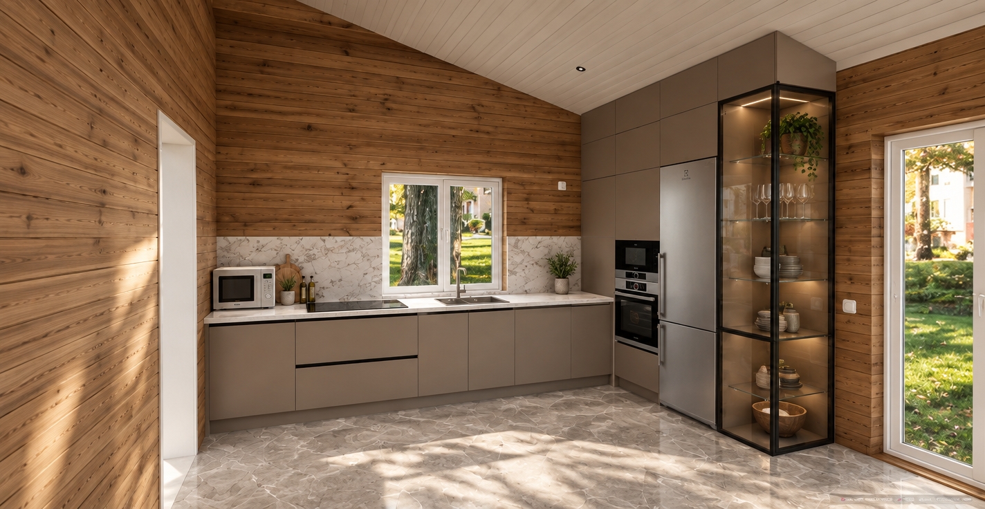 The photo captures a modern, minimalist kitchen designed as a tranquil haven within what appears to be a contemporary home, likely a renovated attic or a space with a sloped roofline. The dominant architectural feature is the rich, warm-toned horizontal wood planking that covers two of the main walls, extending up to the light grey, ribbed sloped ceiling on the left, creating a sense of natural warmth and texture. This rustic backdrop is strikingly contrasted by the sleek, handleless matte taupe-greige base cabinets and full-height pantry units that form an L-shaped layout along the back and right walls. A crisp white countertop stretches across the length of the kitchen, featuring an integrated black induction hob and a modern stainless steel sink with a high-arch faucet, set against a stunning light grey marble backsplash with pronounced white veining. Modern appliances, including a built-in double oven, an over-counter microwave, and a tall white Electrolux refrigerator, are seamlessly integrated into the cabinetry, enhancing the uncluttered aesthetic. To the far right, a contemporary glass-fronted cabinet with a dark frame and clear shelves adds a touch of display and visual interest. The floor is covered in large-format light grey marble or tile with subtle white veining, mirroring the backsplash's cool tones and providing a smooth, reflective surface. Natural light streams into the space from a rectangular window above the sink and a large glass-paned door on the right, which open to reveal a lush green lawn, a mature tree, and blurred residential structures, implying a serene suburban or rural setting on a bright day. The composition masterfully balances the organic textures of wood with the refined linearity of the modern kitchen, creating an inviting and highly functional space that prioritizes simplicity and an uncluttered aesthetic, reflecting a true minimalist haven.