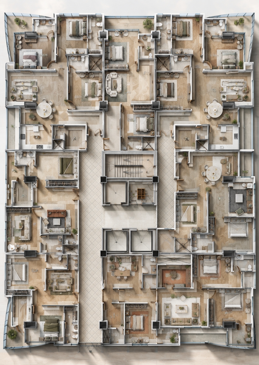An incredibly lifelike, richly detailed, photorealistic top-down architectural cutaway shot of an expansive luxury residential apartment floor plan set in a sunlit modern high-rise. The scene is illuminated by brilliant, direct summer midday sunlight streaming through floor-to-ceiling perimeter terrace windows, creating a bright, airy, and sophisticated atmosphere with crisp, natural ambient occlusion and soft directional shadows. Captured with a tilt-shift architectural lens on a medium format camera, emphasizing the tactile textures of polished herringbone oak parquet, expansive honed travertine tiles in the wide central circulation corridors, and matte quartz countertops in the open kitchens. Every suite unfolds in immaculate mid-century modern elegance: tailored low-profile sofas upholstered in textured bouclé, rich walnut credenzas, plush geometric area rugs, and sleek, minimalist bathroom fixtures with brushed brass fittings. Deep, realistic drop shadows reveal the vertical depth of crisp white-plastered partition walls and solid structural columns, while subtle reflections gleam off terrace glass railings and polished stone floors, perfectly preserving every corridor, bedroom, and living zone of the master layout in pristine, high-end interior perfection.