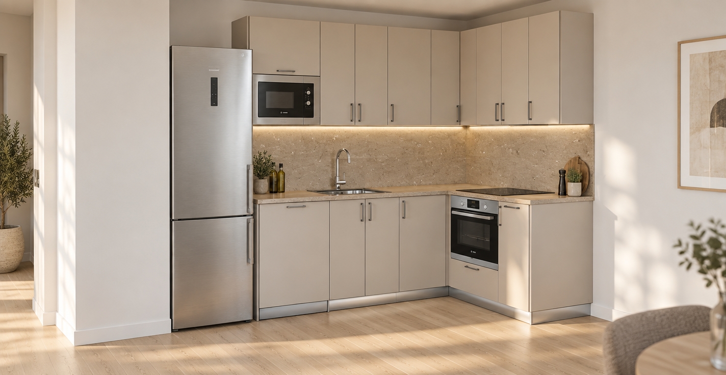 A clean architectural photograph capturing this exact modern kitchen layout, rendered with authentic material physics and natural lighting. The scene features soft, diffused daylight pouring in to cast gentle shadows across the matte beige cabinetry, brushed stainless steel appliances, and matching hardware. Micro-textures are clearly defined, showing fine grain on the brushed steel surfaces, realistic stone detailing across the countertop and backsplash, and subtle wood grain along the light floor planks. The lighting creates natural highlights and mild specular reflections on the glossy oven glass, chrome faucet, and stovetop, finished with balanced interior warmth, realistic ambient occlusion, and faint, natural camera sensor grain for total photorealism.