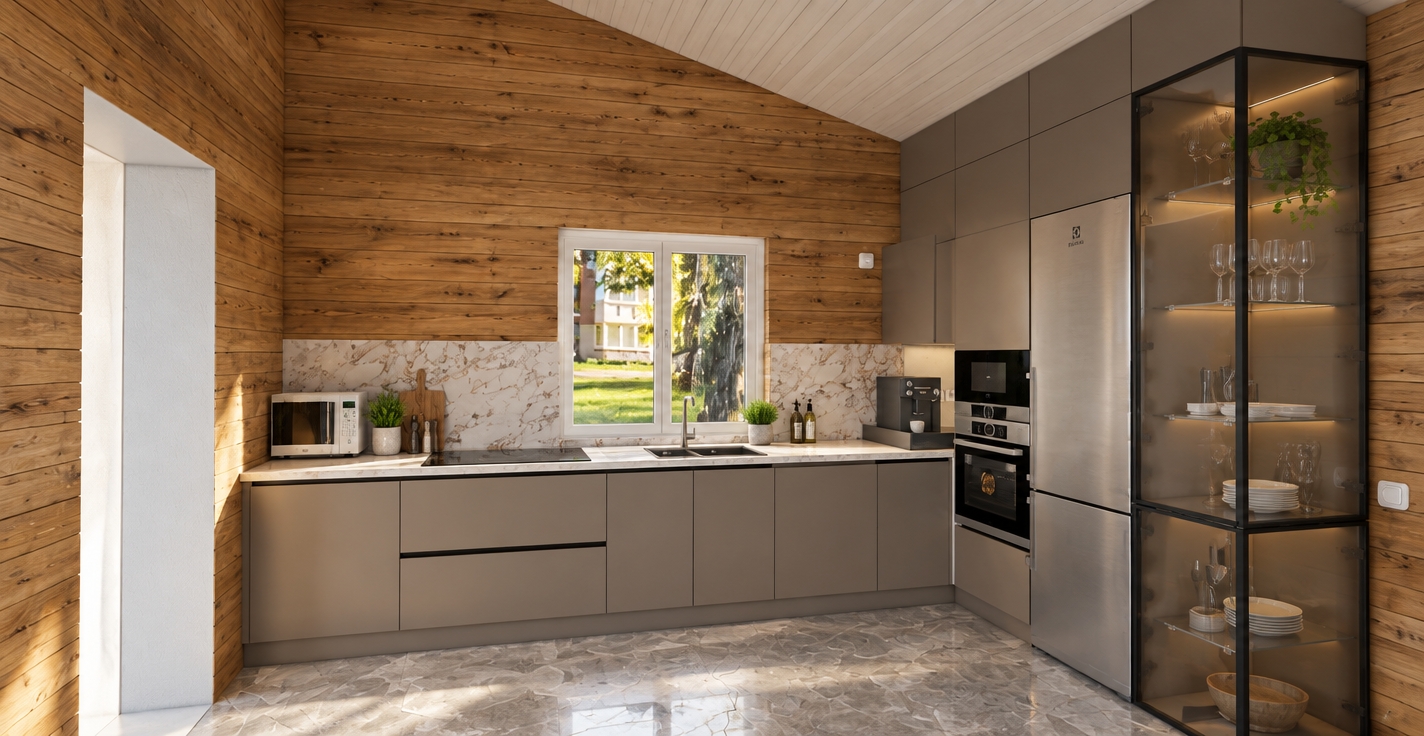 The photo captures a striking modern kitchen, serving as a minimalist haven with a sophisticated blend of natural textures and sleek finishes. The dominant feature is the back wall, entirely clad in warm, horizontally laid wooden planks, boasting rich grain patterns that lend a rustic yet refined character to the space. This natural warmth is beautifully contrasted by a polished white and grey marble backsplash, its intricate veining adding a touch of classic elegance above the pristine white countertop. The kitchen's layout is efficient and streamlined, featuring handleless taupe-grey base cabinets that run along the back wall, housing a sleek black induction hob and a modern stainless steel sink with a slender faucet, positioned directly beneath a tall, narrow window. This window, framed in white, offers a serene view of a vibrant green lawn and a distant, multi-story building, suggesting a peaceful suburban or semi-urban setting, illuminated by soft natural light. To the right, the cabinetry extends into a cohesive appliance wall, seamlessly integrating a white refrigerator, a built-in oven and microwave, and a contemporary coffee machine, all designed with clean lines. A notable design element is the tall, dark-framed glass display cabinet adjacent to the refrigerator, offering transparent shelving that adds visual lightness and an opportunity for decorative display. Overhead, the ceiling slopes upward, covered in a light grey ribbed paneling, hinting at an attic conversion or a pitched roof structure, enhancing the unique architectural character of the room. The floor is covered in large-format grey marble-effect tiles with subtle, organic patterns, providing a sturdy, easy-to-maintain surface that complements the overall muted color palette. A stark white, textured doorway on the far left creates a clean entrance, further emphasizing the contrast between the rough-hewn wood and the polished, modern elements that define this calm and highly functional kitchen space.