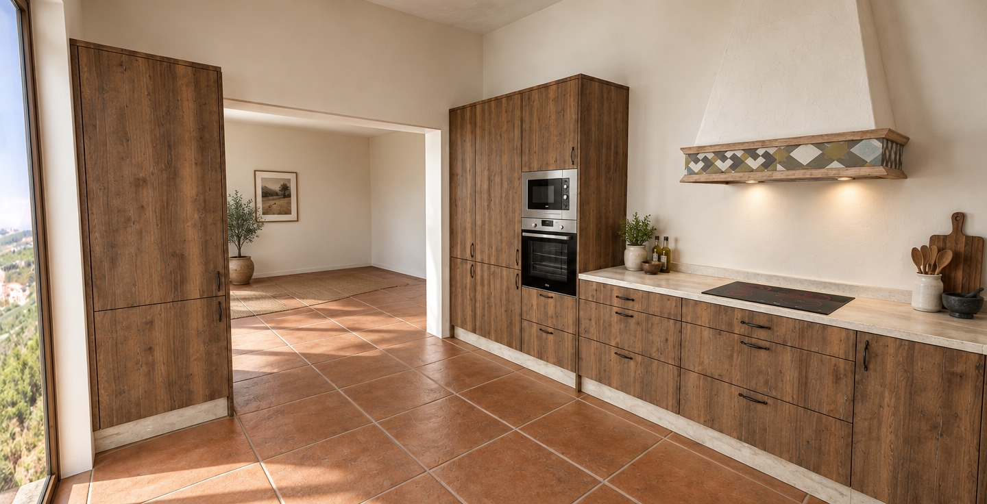 A photorealistic architectural interior photograph capturing the exact kitchen layout, materials, and camera perspective using a sharp wide-angle lens. Soft natural daylight enters from the side, casting subtle, realistic shadows across the vertical rustic wood grain cabinetry and light countertop. The terracotta floor tiles show authentic matte textures, subtle surface unevenness, and natural grout seams. The integrated microwave, oven, and black induction cooktop feature realistic brushed metal and reflective glass physics with faint everyday micro-smudges. Warm ambient fill softly illuminates the off-white walls, rendered with gentle photographic depth, faint vignetting, and fine optical grain.