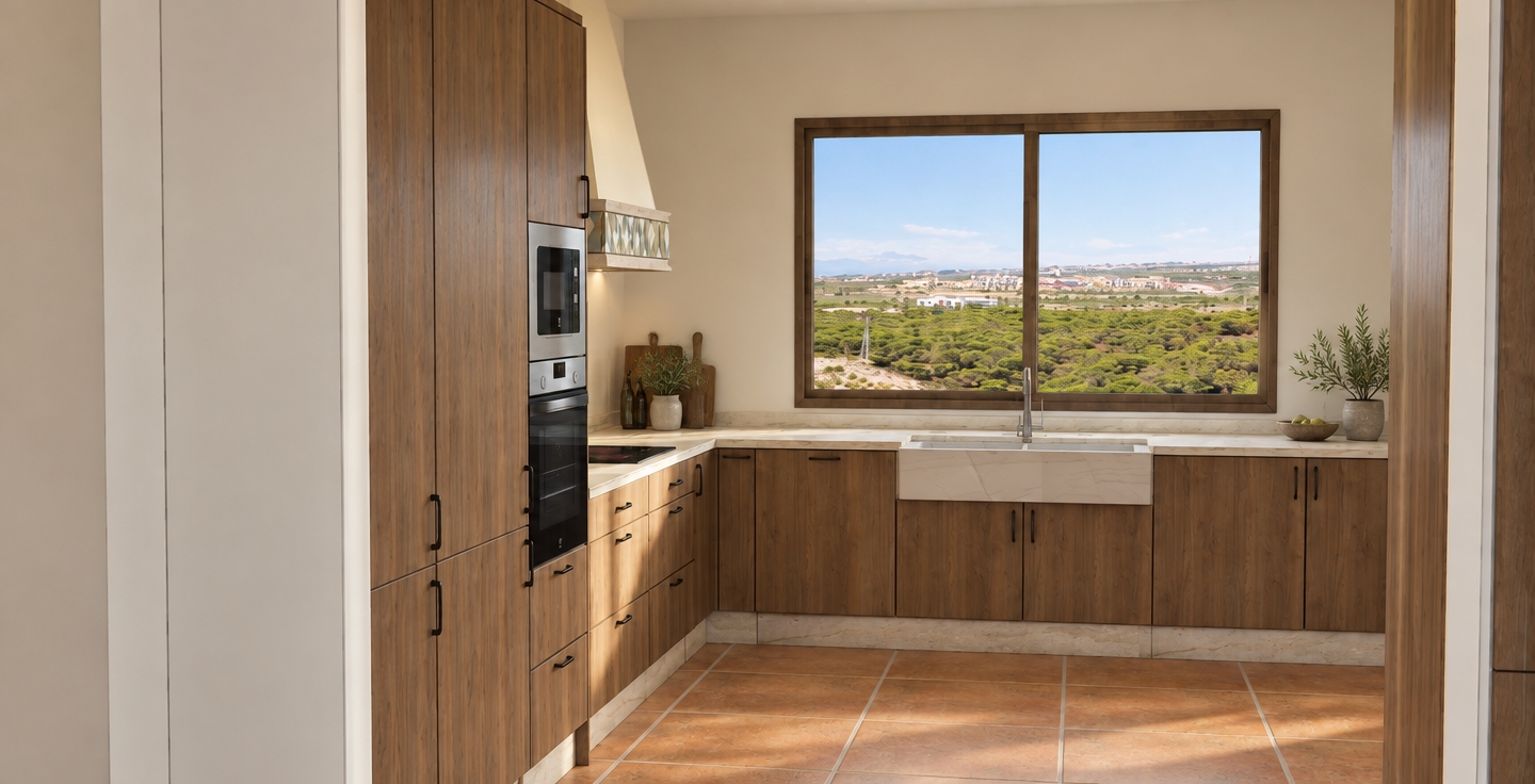 A photorealistic architectural photograph capturing the exact kitchen layout, composition, and materials intact. Soft natural daylight floods through the large window framing the outdoor landscape, casting gentle illumination and soft shadows across the stone countertops and the textured apron-front farmhouse sink. The vertical wood grain of the cabinetry features realistic tactile textures and soft satin sheen, complemented by integrated black glass and stainless steel appliances. Terracotta floor tiles exhibit authentic matte texture and tonal variation, captured with a clean wide-angle perspective and balanced natural exposure.