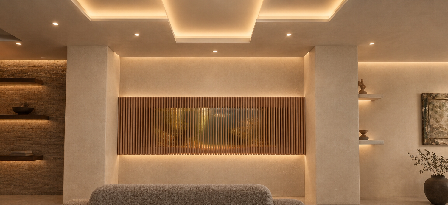An incredibly lifelike, richly detailed, photorealistic eye-level architectural shot of a minimalist exhibition space set in a tranquil, gallery-inspired contemporary interior. The scene is illuminated by hidden, diffused cove illumination and soft, museum-grade architectural downlights, creating a serene, contemplative atmosphere. Captured with a 24mm tilt-shift lens on a full-frame camera, emphasizing the tactile, hand-troweled textures of earthen clay, seamless lime plaster, and refined monochromatic finishes.

In this reimagined minimalist haven, the visual clutter of the original room is replaced by pure, sculptural geometry and organic warmth. The central aquarium is artfully integrated and subtly concealed within a bespoke architectural installation—flush-faced with continuous, sand-hued micro-cement and textured Tadelakt plaster that stretches seamlessly between the two broadened, monolithic columns. Custom-crafted, curved clay relief panels or a flush slatted terracotta screen partially veil the aquatic glass, transforming the tank into a mysterious, softly illuminated art feature that glows with gentle, diffused refraction rather than stark glare. The complex drop ceiling has been completely streamlined into a smooth, monolithic plane featuring concealed perimeter light coves, while a low-profile, stone-gray bouclé bench grounds the composition, completing an atmosphere of absolute understated elegance and tactile calm.