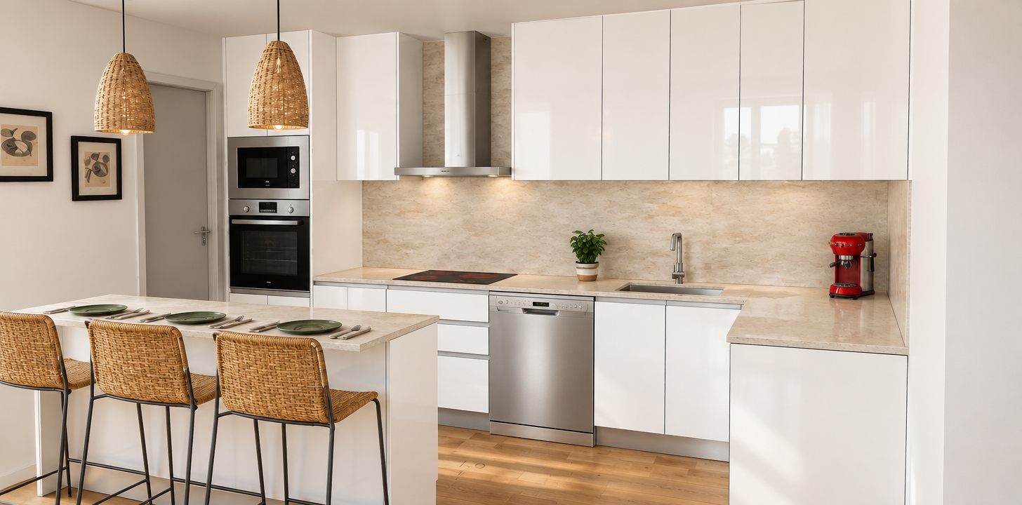 An incredibly lifelike, richly detailed, photorealistic interior shot of a modern fusion kitchen set in an airy, open-concept urban apartment. The scene is illuminated by soft, diffused midday light streaming in from an unseen window, creating a crisp, clean, and dynamic atmosphere. Captured with a 35mm lens, the image emphasizes the interplay between smooth, high-gloss white cabinetry and the textured, warm oak of the flooring and woven rattan bar stools.

The kitchen features a seamless, modular layout where sleek stainless-steel appliances—a built-in oven, microwave, and dishwasher—provide a sharp industrial contrast to the minimalist white surfaces. A backsplash of light, neutral stone provides a subtle organic backdrop, grounding the bold, vibrant pop of a ruby-red espresso machine sitting on the countertop. The composition is clean and geometric, balanced by the organic curves of two hanging pendant lights with intricate, woven textures. On the adjacent white wall, framed abstract artwork in monochromatic tones adds a sophisticated touch, while a small potted plant near the sink introduces a vibrant splash of lush greenery, softening the contemporary edges and completing the inviting, high-end residential aesthetic.
