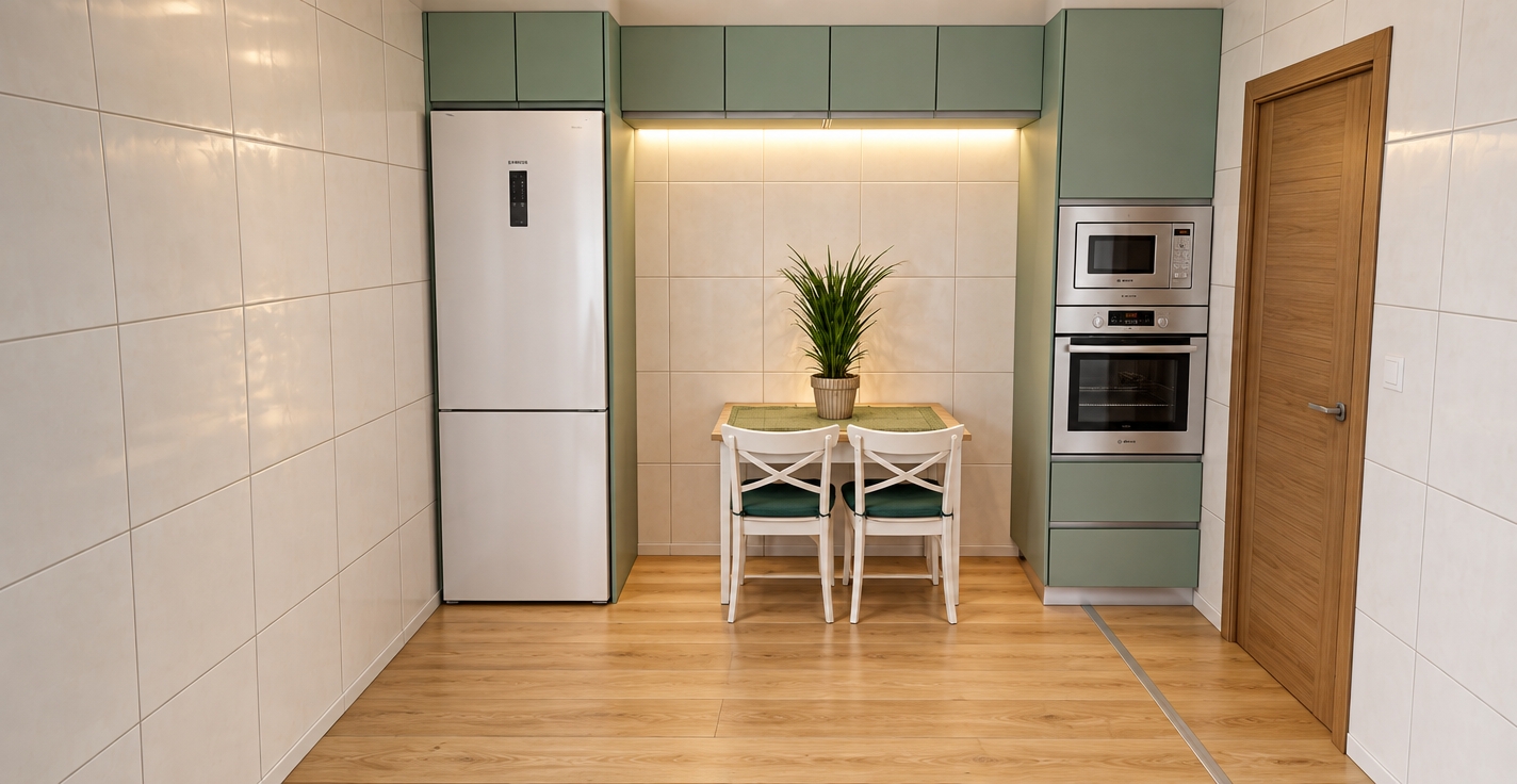 A photorealistic architectural interior photograph capturing the exact scene with precise preservation of layout and materials, illuminated by warm recessed LED strip lighting hidden beneath the overhead sage-green cabinetry, casting a soft glow across the tiled backsplash and small dining table. The ceramic wall tiles display subtle gloss reflections and realistic grout lines, while the sage cabinetry features smooth matte laminate textures and the wood elements show natural grain across the floor and adjacent door. Natural, balanced ambient light fills the space, complemented by crisp metallic and glass reflections on the built-in oven and microwave, captured with a clean wide-angle lens, sharp depth of field, and gentle, realistic contact shadows.
