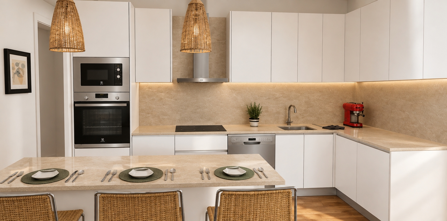 An incredibly lifelike, richly detailed, photorealistic eye-level interior photo of a contemporary, open-concept kitchen set in an urban luxury apartment. The scene is illuminated by soft, diffused morning light filtering in from an unseen window, highlighting the warm, tactile textures of the woven pendant lights and creating a serene, sophisticated atmosphere. Captured with a 35mm lens, emphasizing the crisp contrast between the matte white handleless cabinetry and the rich, sand-toned quartz countertops.

The kitchen features a seamless modern fusion design, characterized by geometric precision and sleek, industrial-inspired lines. A built-in stainless steel microwave and oven tower anchor the left side, while a bold, cherry-red espresso machine adds a vibrant pop of color against the neutral, polished backdrop. The backsplash is composed of a smooth, seamless stone finish that extends to the expansive peninsula, where place settings are meticulously arranged for an elegant morning meal. Abstract, minimalist wall art in a sharp black frame provides a sophisticated focal point on the adjacent wall. The composition is balanced by the natural warmth of the wooden flooring and the subtle addition of a small, lush potted herb, grounding the clinical cleanliness of the cabinetry in an organic, inviting aesthetic.