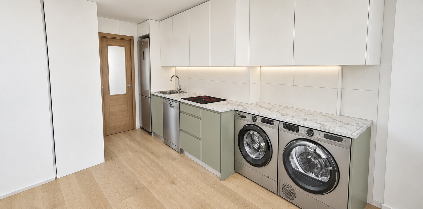 A photorealistic wide-angle interior photograph of this exact kitchen and laundry layout, faithfully maintaining every texture, material, and geometric detail. Neutral, diffuse daylight evenly illuminates the space with soft ambient occlusion and gentle shadows. The polished marble countertops feature authentic grey veining and subtle surface sheen, complemented by realistic brushed stainless steel finishes on the appliances and sink faucet. The matte white upper cabinets, pale sage-green lower cabinets, tiled backsplash, and light oak floorboards are rendered with natural micro-textures and precise tactile clarity, creating a clean and realistic architectural photo.