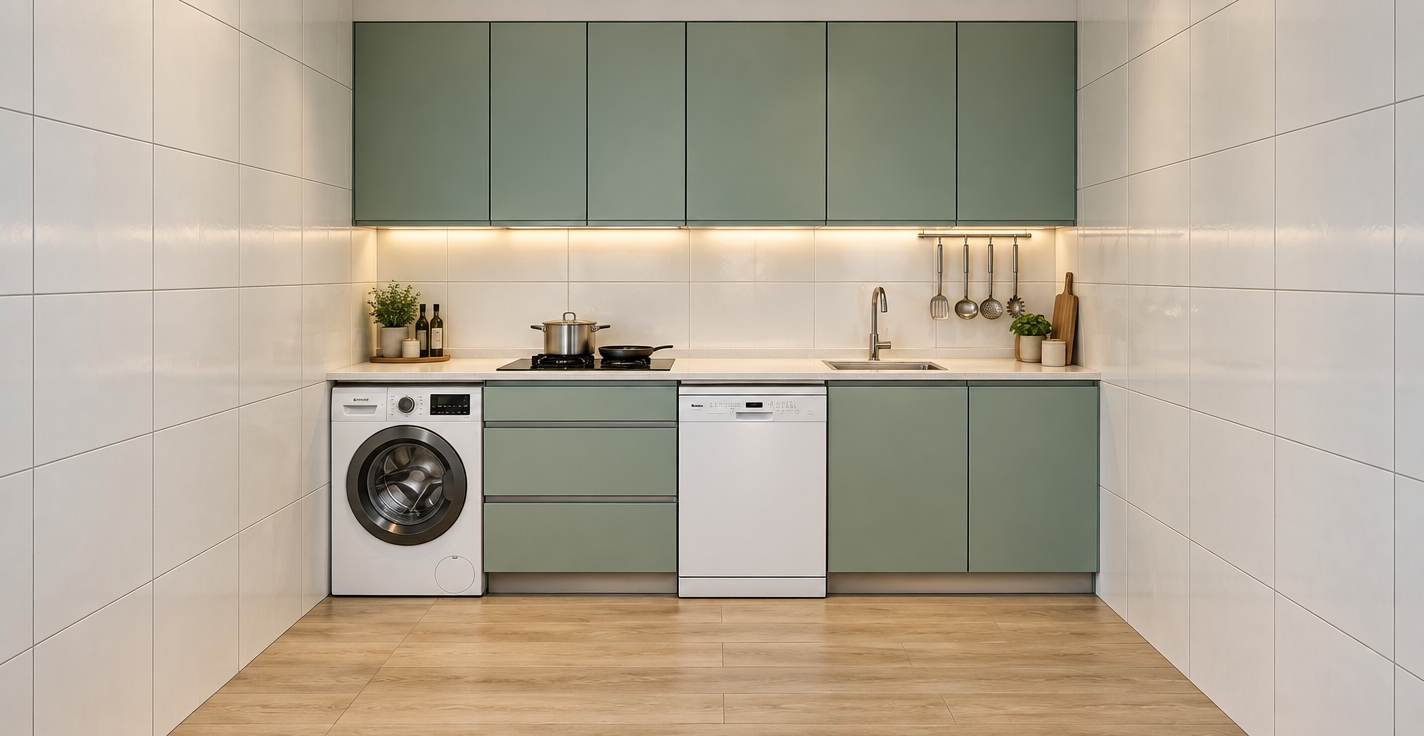 A straight-on architectural photograph capturing the exact kitchen layout, illuminated by soft warm LED strip lighting installed beneath the upper cabinets that casts a gentle glow across the white countertop and tiled backsplash. The cabinetry features a realistic matte sage-green finish, preserving the exact placement and clean white surfaces of the dishwasher and washing machine. Balanced ambient room light highlights natural textures across the light wood floor planks, glazed ceramic wall tiles, chrome faucet, and stainless steel utensils and cookware. Shot with a 35mm lens at eye level, the image showcases precise geometry, lifelike specular highlights, realistic shadow falloff, and subtle sensor grain for authentic photorealism.
