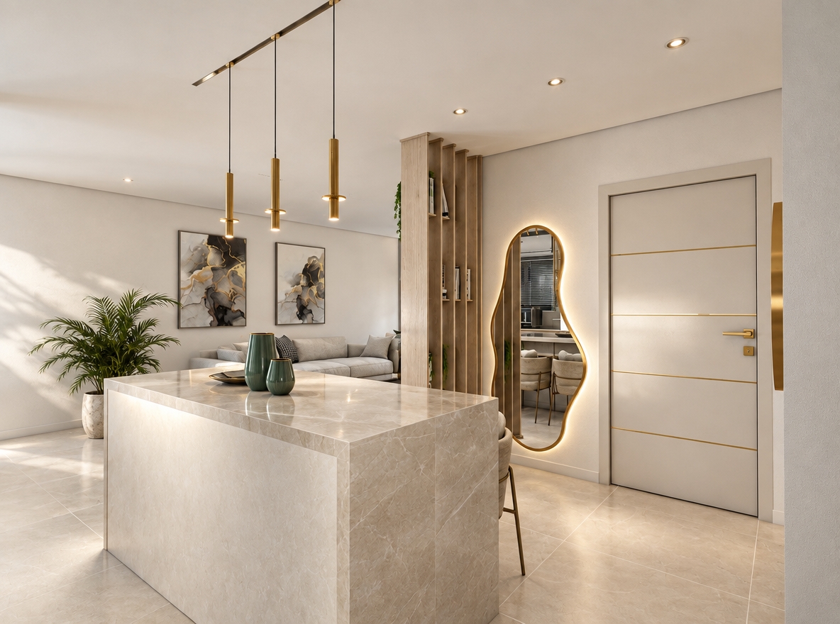 A crisp, professionally shot architectural photograph capturing the exact modern interior scene with authentic photographic fidelity. The lighting remains clean, neutral, and balanced, combining soft ambient daylight with physically accurate illumination from the recessed ceiling spotlights, the warm-white halo around the organic-shaped mirror, and realistic downlight from the slim brass pendant fixtures. Preserving the exact framing, composition, and materials, the surfaces feature true-to-life physical properties: natural micro-veining, refined roughness, and soft contact shadows on the cream marble island; authentic fine grain on the pale timber slatted divider; subtle glazed reflections on the green ceramic vases; and delicate texture on the floor tiles and matte walls. Crisp interior lens clarity, natural dynamic range, soft ambient occlusion, and faint photographic sensor grain replace the synthetic render look with genuine realism.