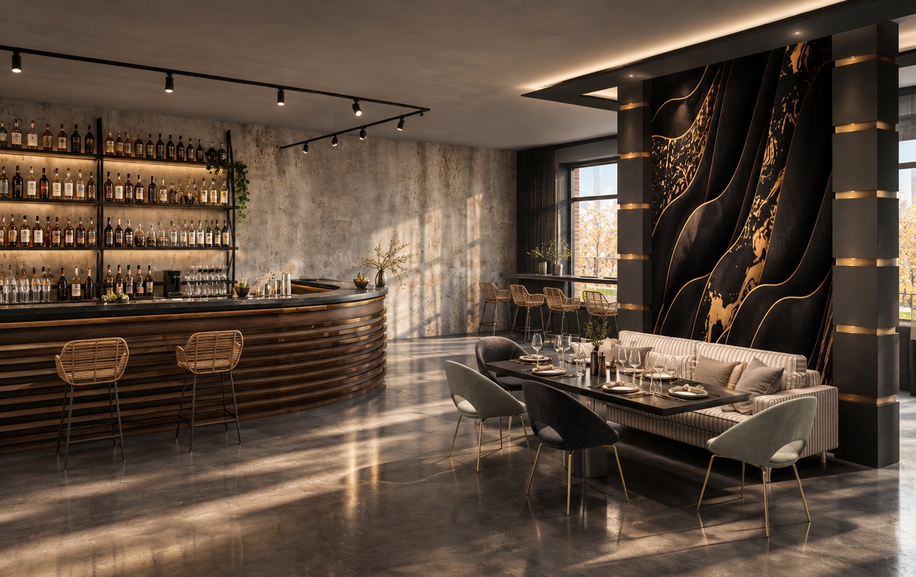 An incredibly lifelike, richly detailed, photorealistic interior shot of a sophisticated industrial loft restaurant set in a crisp autumn midday. The scene is illuminated by soft, natural light streaming through the side windows, casting gentle, elongated reflections across the polished dark flooring, creating a warm and inviting atmosphere. Captured with a 35mm lens, emphasizing the sharp textures of the velvet-tufted wave feature wall and the sleek industrial metalwork.

The bar area is fully activated, with an array of premium spirit bottles catching the light on the minimalist black shelving. Centered on the dining table, elegant ceramic plates and polished glassware are set, ready for service. Above, sleek track lighting systems run across the matte ceiling, perfectly integrated with the minimalist architectural geometry. The room balances the rugged appeal of the concrete-textured walls with the luxurious gold accents of the feature panel, while the soft daylight defines the spatial depth between the curved bar and the intimate lounge seating.