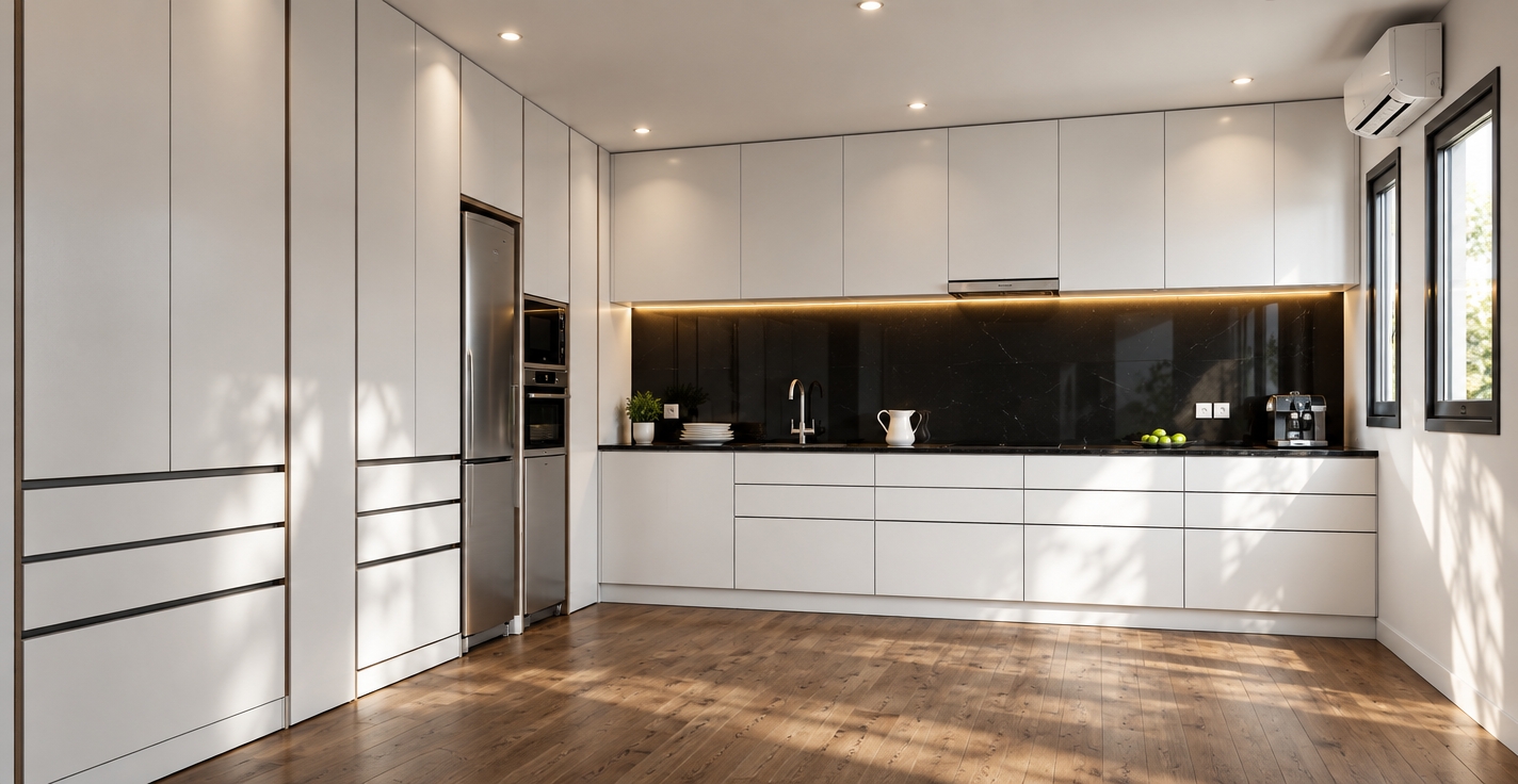 A bright, photorealistic interior photograph of this exact modern kitchen taken at midday with a 24mm wide-angle lens. Natural daylight streams through the windows on the right, casting soft directional shadows and authentic reflections across the matte white cabinetry, polished dark countertops, and glossy black backsplash. Subtle illumination radiates from the warm under-cabinet LED strip and ceiling downlights. Realistic micro-textures highlight the scene, showing fine grain across the dark wood flooring, brushed stainless steel on the faucet and integrated appliances, and clean ceramic finishes on the pitcher and tableware, all rendered with natural exposure, balanced depth of field, and slight lens vignette.