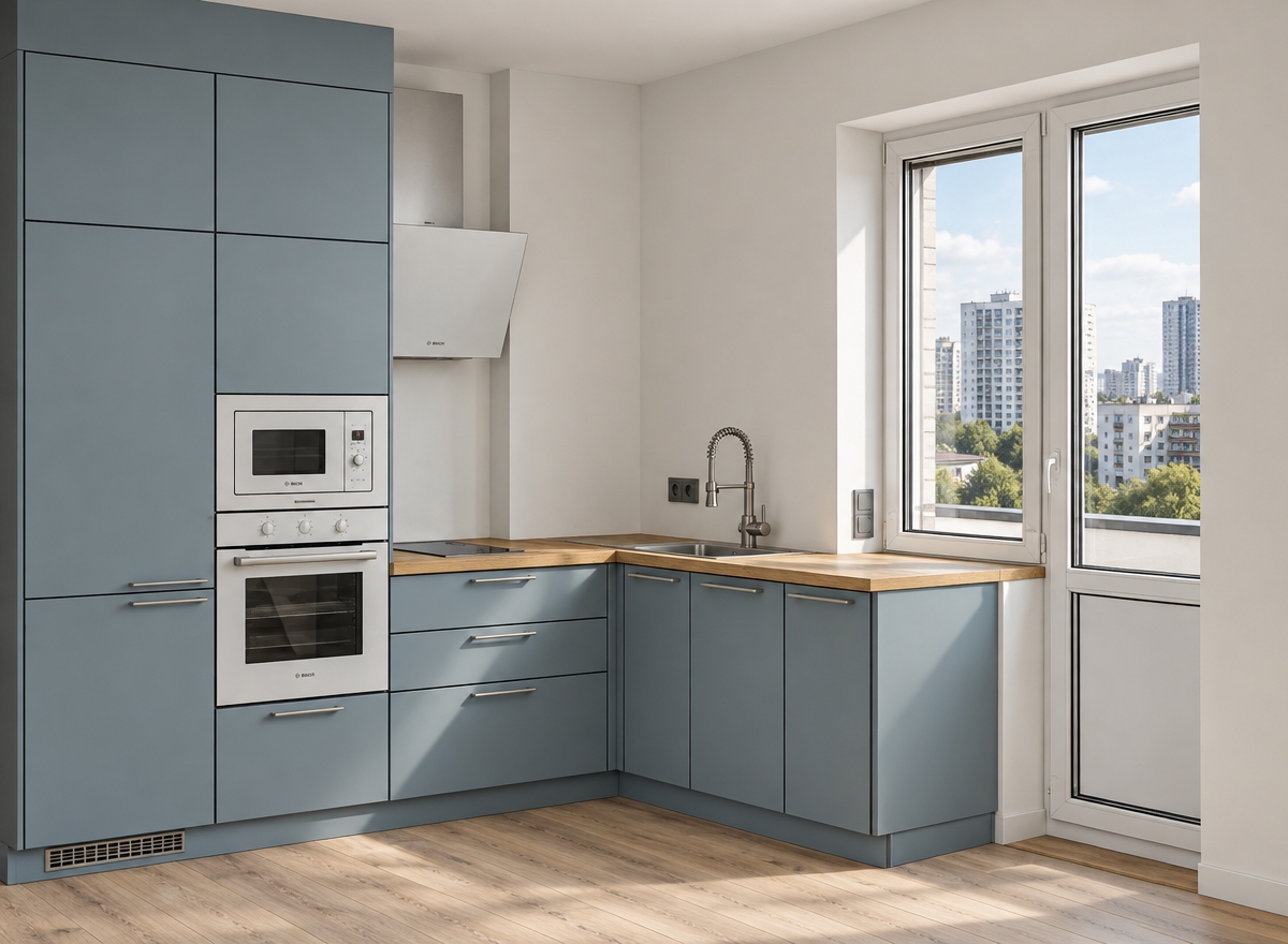 A photorealistic architectural photograph capturing the exact kitchen layout from the reference image, illuminated by soft natural daylight entering through the large side window and balcony door without any furniture under-cabinet lighting. The shot maintains the precise perspective, showcasing matte muted blue-gray cabinets fitted with sleek brushed silver handles, topped with a realistic natural wood-grain countertop against seamless plain painted walls. The built-in microwave, oven, angled extractor hood, and compact two-burner cooktop feature crisp white glass finishes with subtle reflections, complemented by an authentic brushed stainless steel sink and commercial-style mixer faucet. Visible through the clear window glass is a realistic daytime view of urban high-rise residential buildings, with natural contact shadows and subtle light falloff accentuating the texture of the light wood flooring.