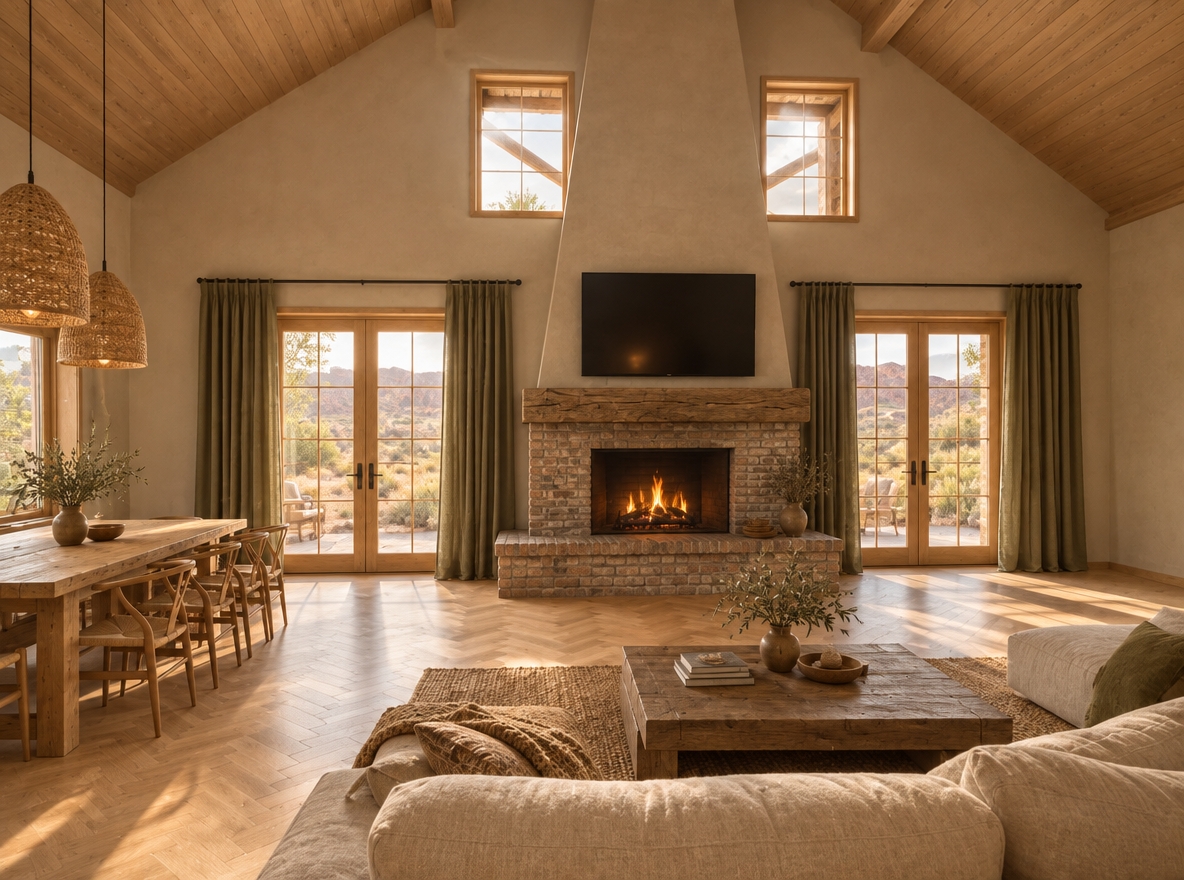 An incredibly lifelike, richly detailed, photorealistic wide-angle interior photograph of a reimagined double-height open living and dining space set in an organic desert retreat. The scene is illuminated by warm, honeyed late-afternoon sunlight filtering through expansive multi-pane glazing combined with the soft, inviting amber glow of a crackling hearth fire, creating a serene, earthy, and sophisticated atmosphere. Captured with a 24mm tilt-shift architectural lens, emphasizing the tactile reclaimed masonry, smooth wood grains, woven textures, and soft linen folds. Anchoring the central elevation between two grand light oak patio doors with elegant muntins stands a commanding architectural fireplace, boasting a substantial reclaimed-brick base and extended hearth, topped with a thick, weathered timber mantel supporting a sleek flush-mounted television, while the chimney breast above gently tapers toward the vaulted ceiling in a refined, warm beige structural plaster. Overhead, the soaring pitched ceiling is handsomely paneled in clean, light-toned wooden planks, perfectly mirroring the timeless elegance of the pale natural oak herringbone parquet floor beneath. Flowing olive-green linen curtains gracefully frame both patio doorways, connecting the interior to sun-baked desert views, while to the left, a substantial light-wood rustic dining table is artfully anchored by two asymmetrical woven rattan pendant lamps suspended from above, completing a beautifully balanced, artisanal aesthetic designed for relaxed luxury.