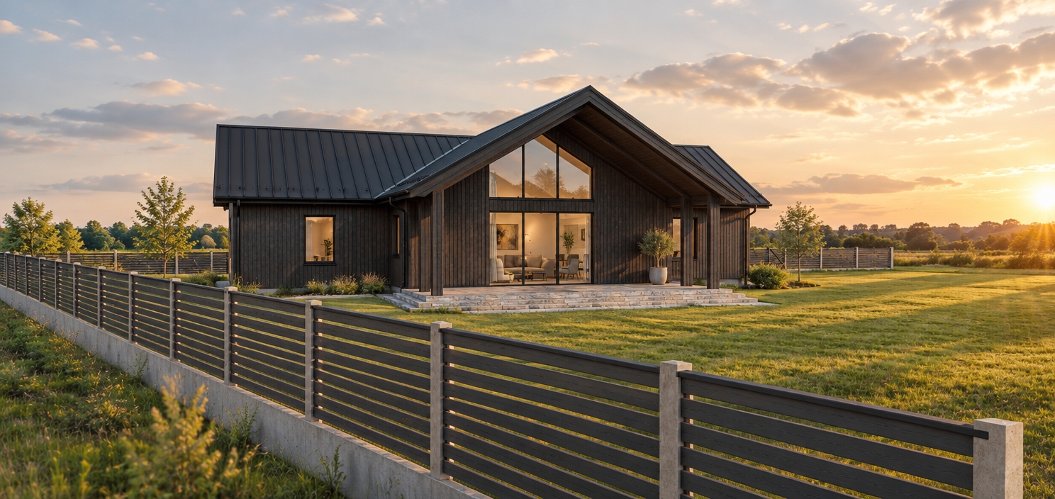 An incredibly lifelike, richly detailed, photorealistic wide-angle exterior shot of a modern Scandinavian-inspired villa set in a serene, manicured meadow. The scene is illuminated by the soft, directional golden hour light of late afternoon, creating a calm, sophisticated atmosphere. Captured with a 35mm lens, emphasizing the crisp vertical textures of the charred-wood cladding and the sharp, clean lines of the standing-seam metal roof.

The architecture exudes contemporary elegance, featuring a sprawling, low-profile silhouette anchored by a grounded, stone-paved patio that seamlessly transitions into a sun-drenched lawn. The focus pulls through the expansive, floor-to-ceiling glass gable windows, offering a glimpse into a refined, airy interior. Inside, the living room is bathed in a palette of warm white, pearl, and champagne, where polished stone surfaces catch the light and soft gray accents provide depth. The space is curated with tailored, low-profile upholstered furniture, slim matte-black metal accents, and abstract wall art that punctuates the minimalist walls. The entire composition is balanced by a modern horizontal-slat fence in the foreground, framing the home while maintaining an open, light-filled perspective that reflects a high-end, aspirational lifestyle.