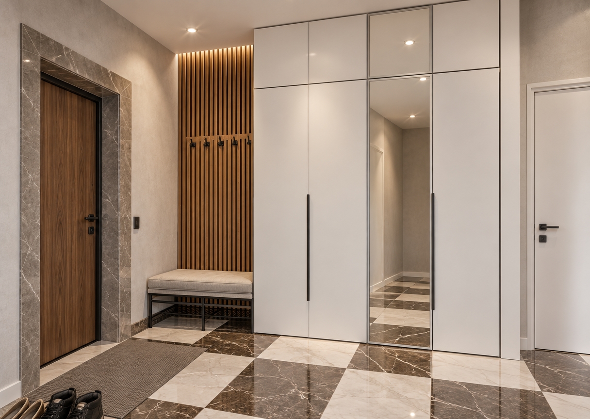 A photorealistic interior photograph of this modern entryway, captured with a wide-angle 24mm architectural lens and soft, directional recessed spotlighting casting gentle warm gradients. The walls are textured with fine light-gray plaster, contrasted by large-format gray marble porcelain tiles framing the entrance doorway. The floor features polished 60x60 checkerboard tiles of white and deep brown veined marble with realistic glossy reflections. The full-height built-in wardrobe is finished in sleek matte white, integrated with a clean mirrored panel reflecting ambient hallway light, accented by minimalist black hardware. Warm, natural vertical oak wood slats rise behind the cushioned entry bench, harmonizing with the rich wood-grain entrance door on the left, while the right interior door is finished in clean matte white. Natural ambient light balance, crisp focus, subtle ambient occlusion in the panel seams, and realistic surface micro-textures complete the authentic photographic feel.