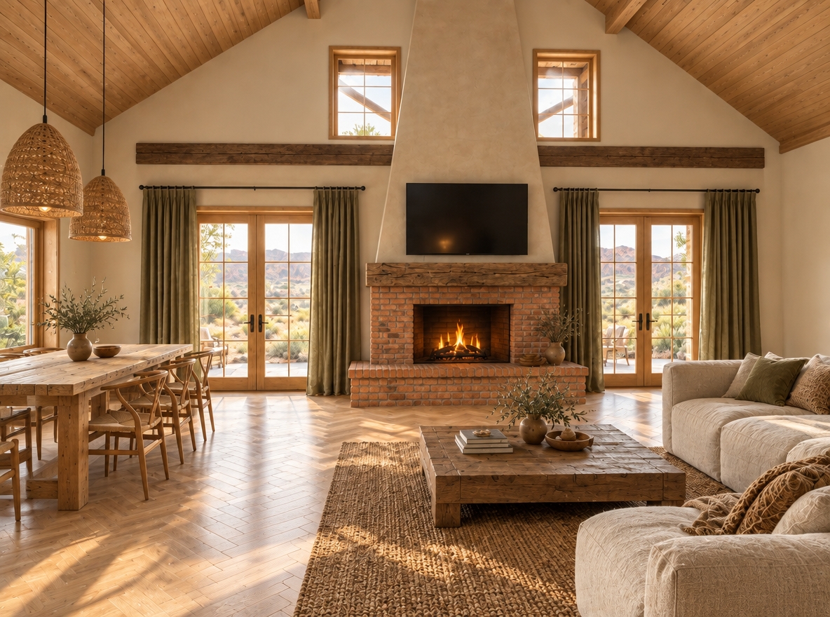 An incredibly lifelike, richly detailed, photorealistic wide-angle interior shot of a sun-drenched desert retreat living room set in the golden light of late afternoon. The scene is illuminated by soft, natural light filtering through dual French doors, creating a warm, serene atmosphere. Captured with a 35mm lens, emphasizing the crisp contrast between the new, vibrant orange-toned brick fireplace and the smooth, light beige plaster walls that replace the previous textured finish. Above the fireplace, rich, dark timber decorative beams are mounted horizontally between the upper and lower window sets, adding structural character to the soaring gable ceiling. The space is expertly composed with the oversized, plush modular sofa now shifted to the right, and the long, rustic timber dining table pulled further from the left wall to enhance the room's airy flow. A heavy, hand-hewn wooden mantel anchors the fireplace, where a crackling fire glows, casting gentle reflections on the light-toned herringbone oak flooring. The atmosphere is grounded by organic textures—a braided jute rug, tactile linen upholstery, and woven pendant lights—while the transition from the smooth plaster walls to the weathered, rustic fireplace creates a sophisticated depth that highlights the artisanal quality of the space, framed by soft olive-green curtains that echo the desert flora visible through the glass.