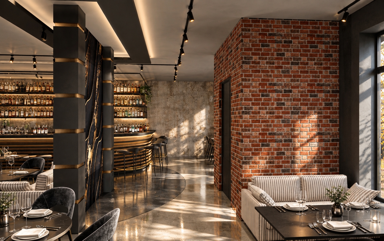 An incredibly lifelike, richly detailed, photorealistic interior shot of a sophisticated industrial loft restaurant set in a crisp autumn midday. The scene is illuminated by soft, natural light streaming through expansive windows, creating elongated, bright reflections on the polished concrete floor and a serene, upscale atmosphere. Captured with a 35mm wide-angle lens, emphasizing the rich textures of the weathered red brick, the opulent black-and-gold marble pillars, and the intricate wood-slatted bar counter.

The space is brought to life with meticulous details: behind the sleek bar, rows of premium spirits in gleaming glass bottles catch the diffused sunlight, while elegant contemporary track lighting snakes across the ceiling, casting subtle highlights. On the tables, minimalist porcelain dinnerware and polished cutlery are arranged with professional precision. The industrial aesthetic is balanced by plush, striped sofas and velvet-upholstered chairs, creating a refined contrast against the raw concrete wall in the background, while the depth of field draws the eye from the intimate lounge seating toward the vibrant, well-stocked focal point of the bar.