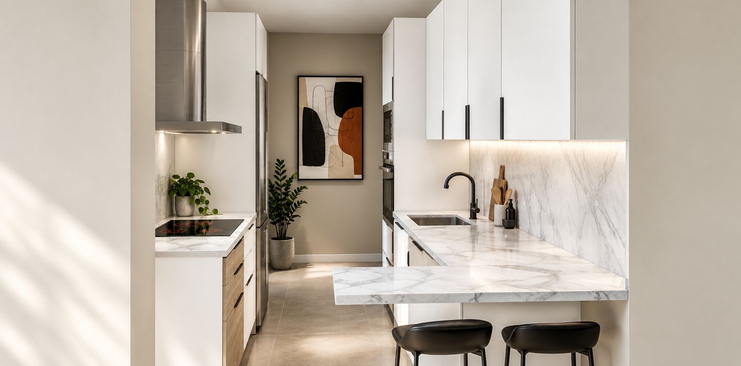 An incredibly lifelike, richly detailed, photorealistic interior perspective of a modern fusion galley kitchen set in an upscale urban apartment. The scene is illuminated by soft, natural morning light filtering through the space, creating a crisp, airy, and inviting atmosphere. Captured with a 35mm wide-angle lens, the image emphasizes the high-contrast textures of Carrara marble countertops with delicate grey veining, matte white lacquer cabinetry, and industrial-grade stainless steel appliances.

The design utilizes a sophisticated palette of monochromatic black and white, punctuated by vibrant, abstract wall art positioned at the far end of the galley to draw the eye inward. Sleek, matte-black hardware on the cabinets provides a bold, contemporary edge, while a subtle touch of warmth is introduced through light-toned wooden textures integrated into the base cabinetry. A slender, geometric breakfast bar extends from the main counter, featuring smooth, seamless joinery. The floor is composed of large-format, sand-colored porcelain tiles, and a splash of lush green indoor foliage sits tucked in the corner, adding a breath of organic life to the clinical, modular precision of the layout. The composition creates a perfect balance between minimal aesthetic restraint and functional, high-end urban living.