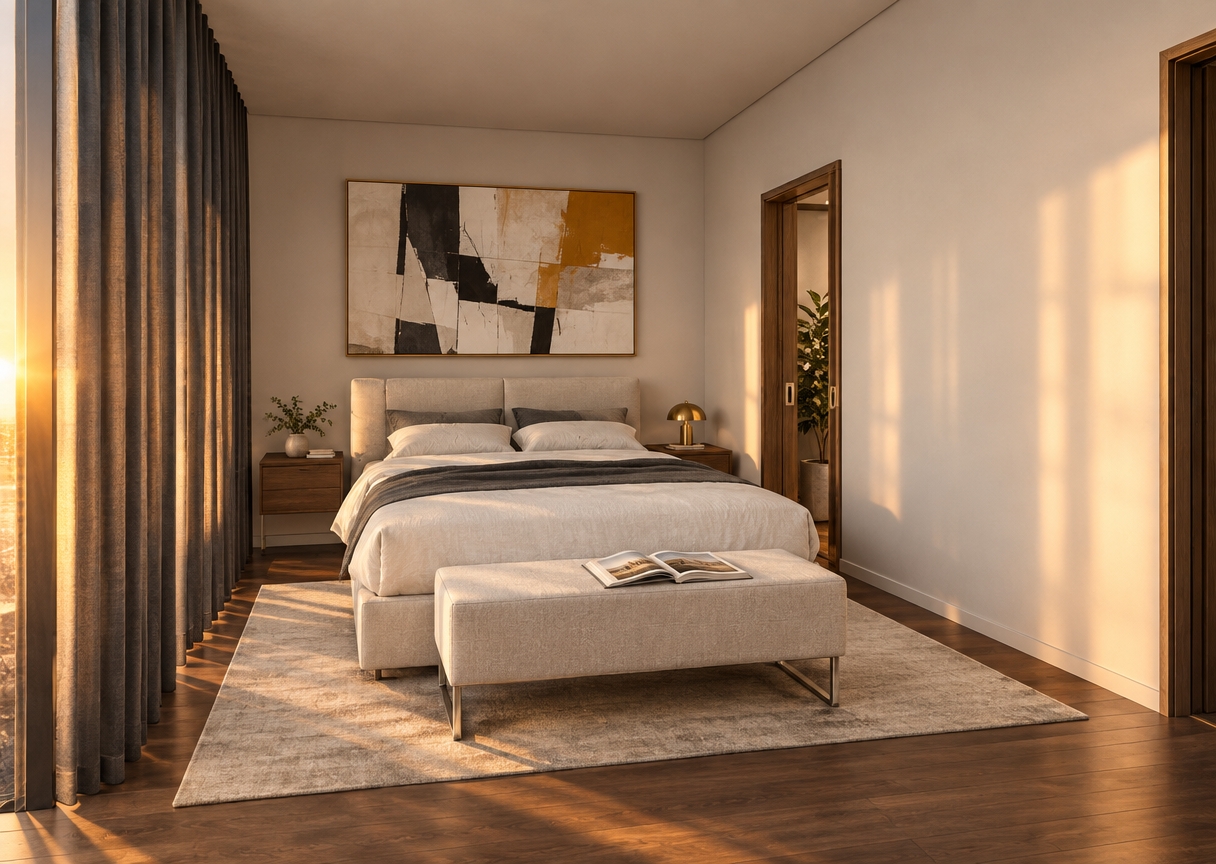 An incredibly lifelike, richly detailed, photorealistic wide-angle interior shot of a luxurious contemporary bedroom set in a sleek urban penthouse. The scene is illuminated by the rich, golden-amber glow of an autumn sunset filtering through deep, floor-to-ceiling pleated charcoal drapes on the left, creating a serene, warm, and sophisticated atmosphere. Captured with a high-end 35mm architectural lens, emphasizing the tactile linen bedding, smooth matte-white walls, brushed brass metal accents, and rich walnut wood grains. At the center, a low-profile platform bed dressed in crisp white and slate linens is anchored by a plush, tailored bench on minimalist steel legs, atop which rests an open hardcover photography book. Above the headboard, a bold piece of geometric abstract wall art features dynamic strokes of black, white, and vibrant ochre, harmonizing with the minimalist floating nightstands, while a touch of lush greenery peeks gracefully from the adjacent doorway to breathe organic life into the clean, industrial-inspired interior.