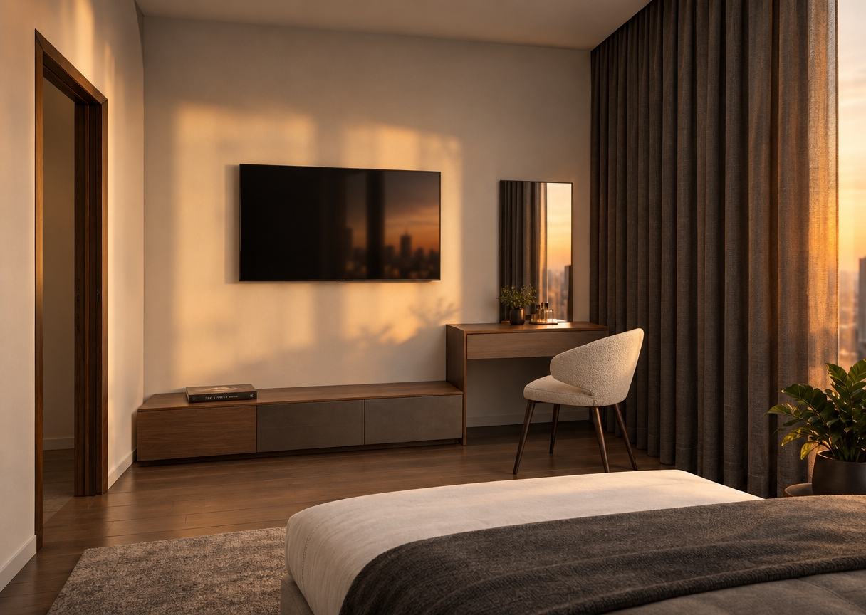 An incredibly lifelike, richly detailed, photorealistic wide-angle interior shot of a sophisticated master bedroom set in a luxury urban high-rise apartment. The scene is illuminated by the soft, golden glow of an autumn sunset diffusing through heavy, floor-to-ceiling pleated charcoal drapes, creating a warm, moody, and serene atmosphere. Captured with a full-frame camera and a 24mm tilt-shift lens, emphasizing sleek architectural lines, matte finishes, and the tactile contrast of smooth surfaces against natural textures. Centered on the pristine off-white accent wall is a flush-mounted ultra-thin black TV, floating above a low-profile modular media console crafted from rich walnut and brushed gunmetal, topped with a tasteful hardcover photography book. Adjacent to it, a compact floating vanity desk is paired with an elegant cream-upholstered modern armchair featuring slender tapered legs. In the foreground, the clean corner of a minimalist platform bed dressed in crisp white and charcoal linens completes the space, subtly accented by a vibrant pop of potted lush greenery that catches the fading amber daylight.