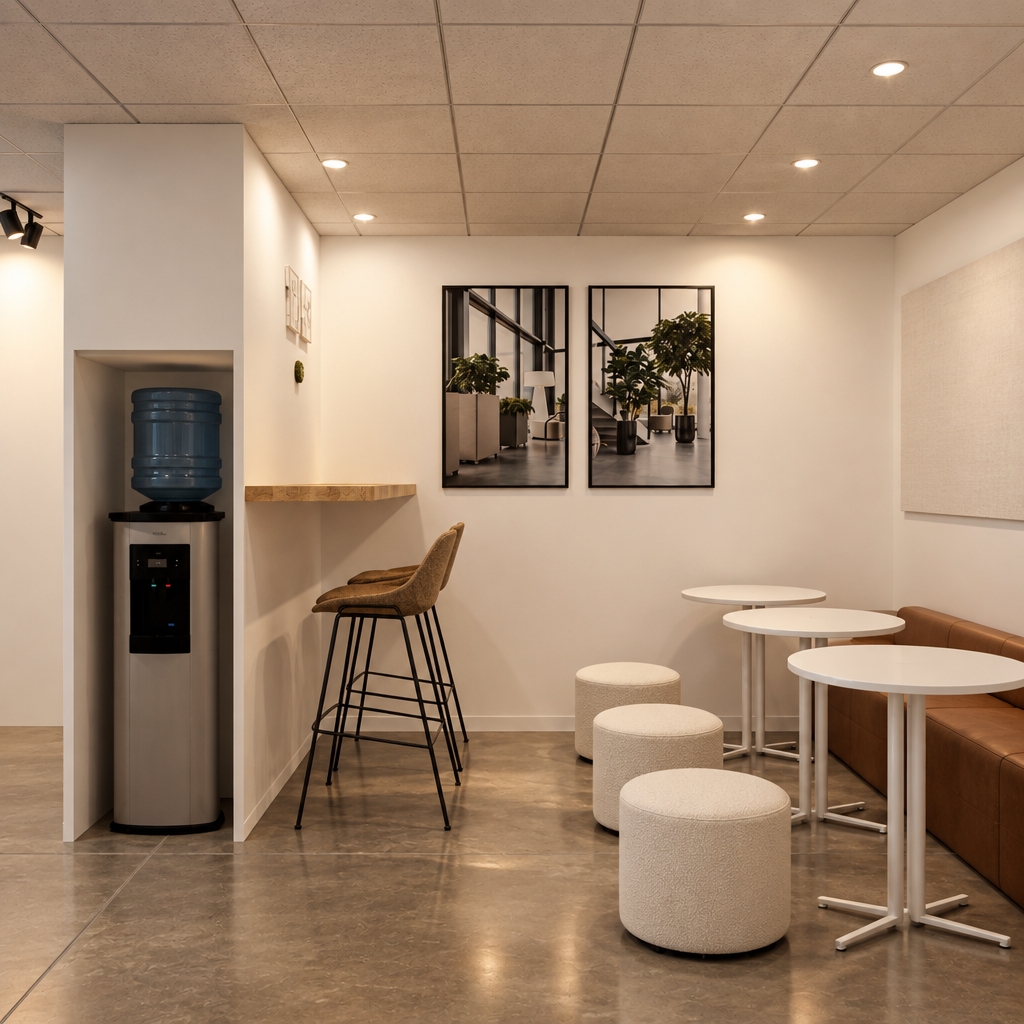 An incredibly lifelike, richly detailed, photorealistic interior shot of a minimalist restaurant lounge set in a serene, modern commercial space. The scene is illuminated by soft, recessed ceiling lighting that casts gentle shadows, creating a calm and inviting atmosphere. Captured with a 35mm lens, emphasizing the fine texture of the concrete flooring and the smooth, matte finish of the off-white walls.

This minimalist haven prioritizes clean lines and functional elegance. A recessed nook houses a sleek water cooler, adjacent to a warm oak floating bar top paired with slim, textured bar stools. The central seating area features round, high-top bistro tables paired with plush, cylindrical cream-colored ottomans and a continuous, upholstered leather banquette. Two large, framed architectural photographs provide a sophisticated focal point, adding depth to the clean walls. The composition is perfectly balanced, showcasing a thoughtful blend of industrial materials and soft organic shapes, creating a space that feels both professional and tranquil.