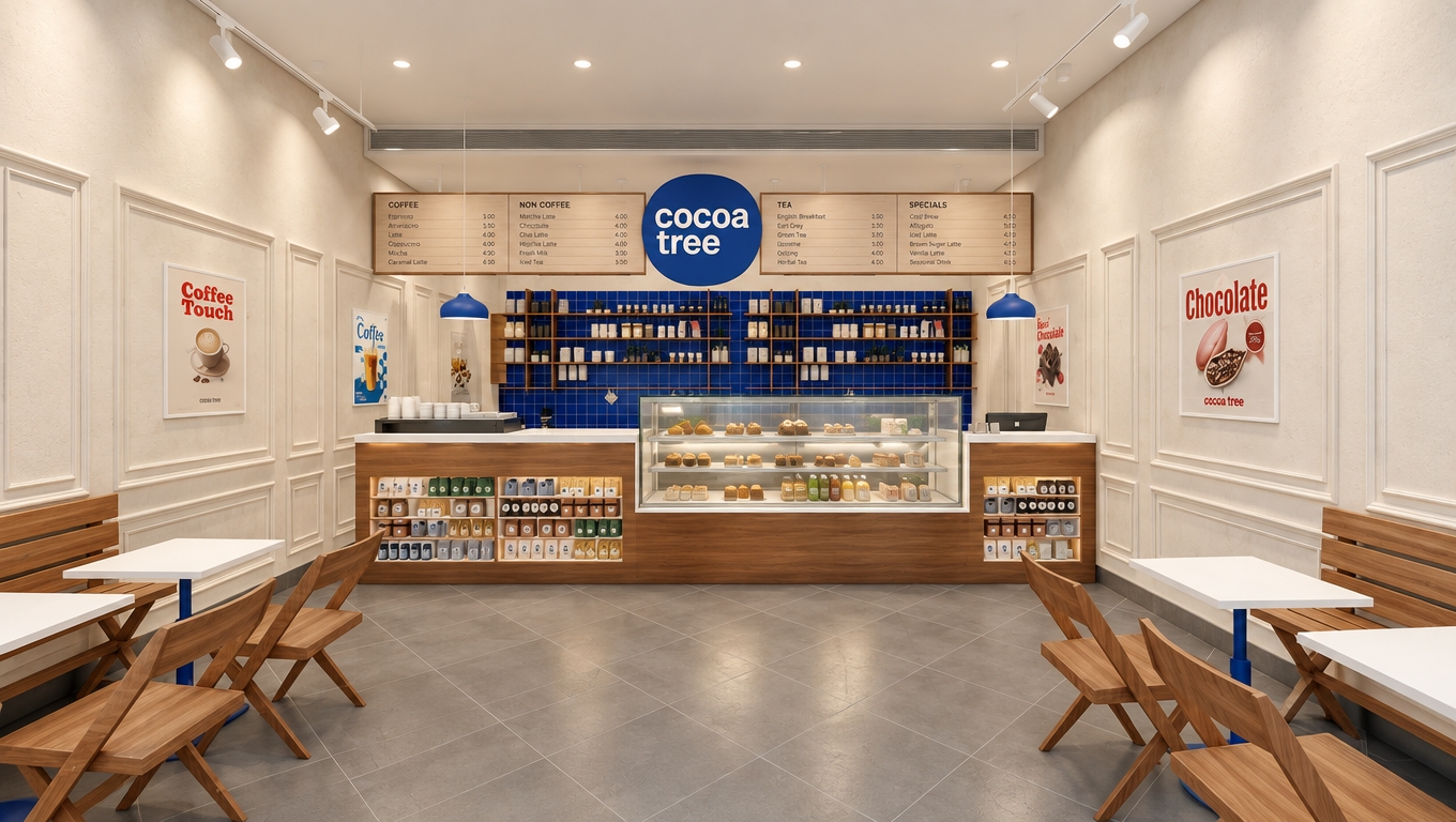 An incredibly lifelike, richly detailed, photorealistic interior shot of a minimalist "Cocoa Tree" coffee shop set in an urban environment. The scene is illuminated by soft, diffused midday light streaming from recessed ceiling fixtures, creating a serene, uncluttered, and zen-inspired atmosphere. Captured with a 35mm wide-angle lens, emphasizing the crisp textures of the wood-paneled service counter and the classic, cool-toned cobalt blue tile backsplash. 

The design features a sophisticated, monochromatic palette of warm whites and soft grays, punctuated by the streamlined geometry of sleek wooden chairs and minimalist white-topped bistro tables. Architectural wall molding adds an elegant, tactile depth to the space, while clutter-free surfaces and strategically placed, subtle signage evoke a highly functional, modern aesthetic. The composition draws the eye toward the central service hub, where the bold circular brand logo serves as a focal point, perfectly balanced by the clean lines of the floor tiling and the airy, open-plan layout that makes this cafe a true minimalist haven.
