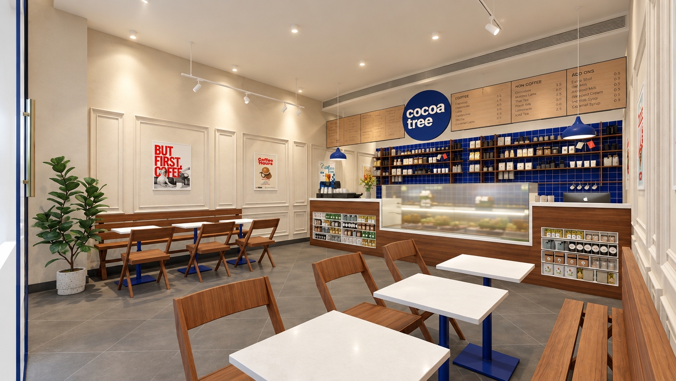 An incredibly lifelike, richly detailed, photorealistic interior shot of a minimalist "Cocoa Tree" coffee shop set in a bustling urban environment. The scene is illuminated by soft, diffused recessed lighting and sleek track lights, creating a serene, inviting atmosphere. Captured with a 24mm wide-angle lens, emphasizing the crisp geometry of the space and the high-contrast harmony between the warm walnut-toned woodwork and the cool, deep blue tile backsplash. 

The design is a masterclass in uncluttered elegance, featuring streamlined wooden chairs with blue metal bases paired with clean white tabletops that anchor the space. The walls are finished in a sophisticated off-white plaster with subtle molding, providing a gallery-like backdrop for minimalist wall art and abstract posters. A thriving indoor plant adds a touch of organic texture, grounding the otherwise sharp, modern lines. The layout is intentionally functional and zen-inspired, with the service counter acting as the focal point, neatly organized to emphasize a clutter-free, efficient workflow. The matte gray floor tiles transition seamlessly toward the service area, while the balanced composition ensures every element, from the menu boards above to the delicate shelving displays, feels intentional and refined.