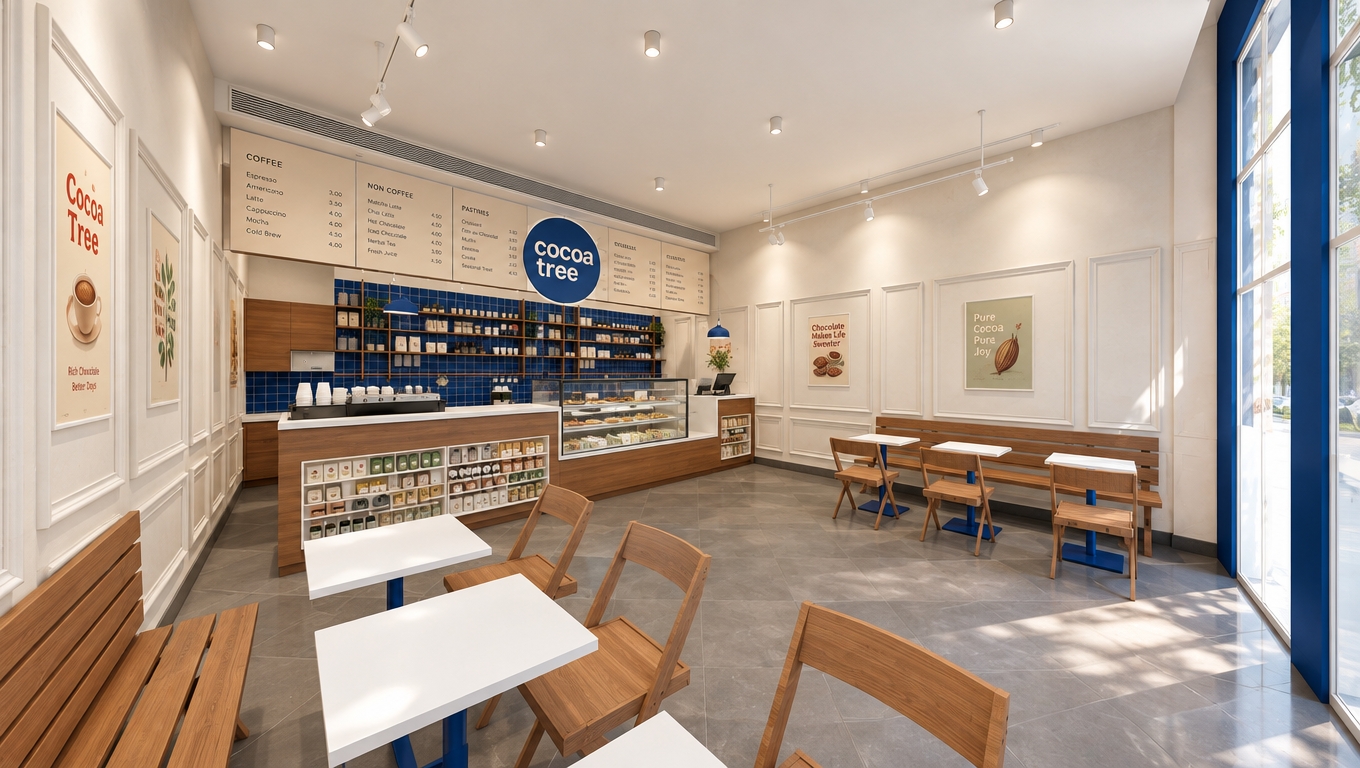 An incredibly lifelike, richly detailed, photorealistic interior shot of a serene "Cocoa Tree" coffee shop set in a modern urban environment. The scene is illuminated by soft, natural midday light streaming in, creating a bright, airy, and inviting atmosphere. Captured with a wide-angle 35mm lens, emphasizing the crisp contrast between the warm wood grain of the artisan chairs and the sleek, monochromatic white wainscoting.

The design is a minimalist haven, characterized by an uncluttered, streamlined aesthetic that promotes a sense of Zen-like calm. The layout is perfectly functional, featuring clean, white tabletops paired with refined wooden seating, all anchored by premium gray floor tiles. The walls are adorned with sophisticated, understated abstract art and vintage-inspired chocolate prints, keeping surfaces clutter-free and visually balanced. A striking royal blue accent wall ties the space together, harmonizing with the subtle industrial track lighting overhead. The composition invites the viewer to step into a refined, elegant space where every element—from the organized shelving behind the counter to the intentional negative space—celebrates simplicity and modern comfort.