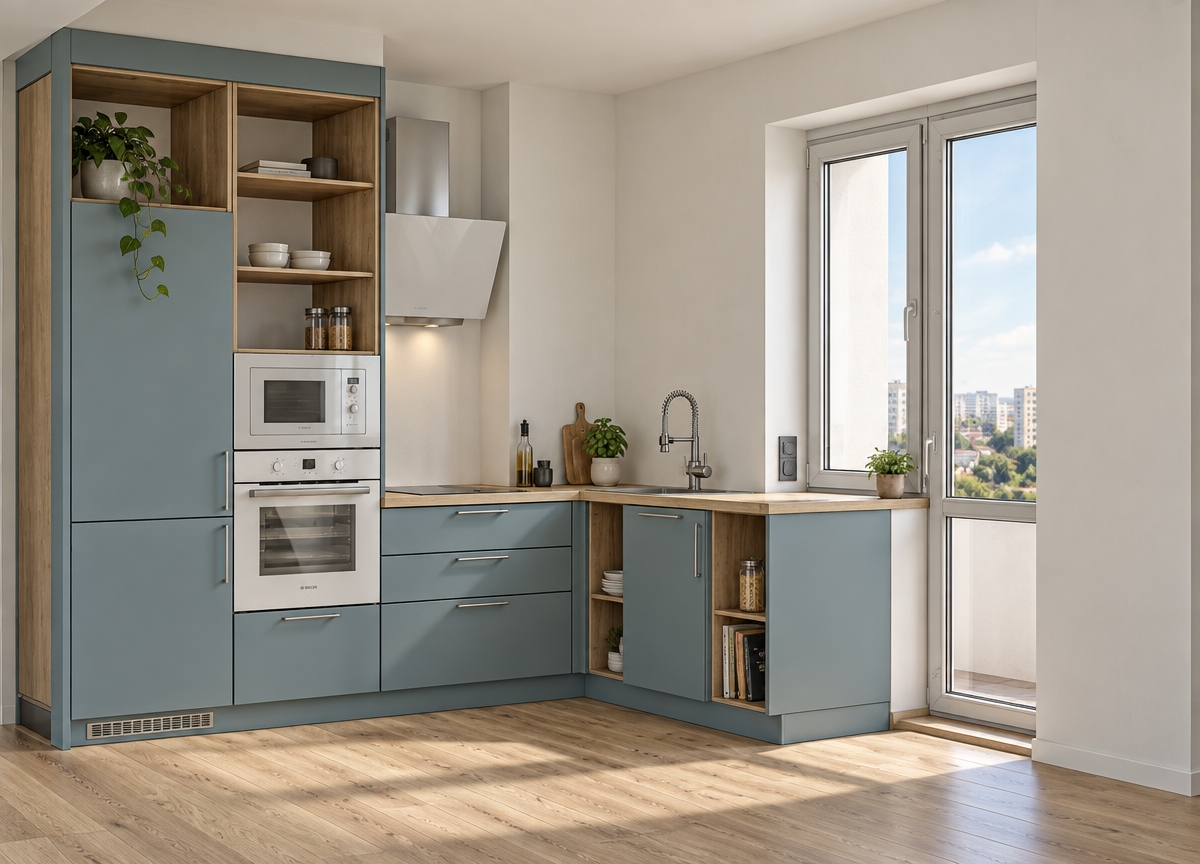 A professional interior photograph preserving the exact camera perspective, structure, and layout of the scene, depicting the modern L-shaped kitchen with matte slate-blue cabinetry, natural light wood grain open shelving, matching wood countertops, and light oak plank flooring. Diffused natural daylight pours through the large window and balcony door revealing distant multistory residential buildings, casting realistic soft shadows and depth across the plain, un-tiled off-white walls without any artificial furniture backlighting. The integrated appliances—including the white glass built-in oven, microwave, angled hood, and two-burner white glass cooktop—show realistic glass sheen, while the sink and gooseneck faucet feature brushed stainless steel textures alongside sleek silver hardware handles. Shot on a 35mm lens with subtle atmospheric depth of field, gentle falloff, authentic micro-textures, and fine photographic grain for a grounded, true-to-life interior aesthetic.