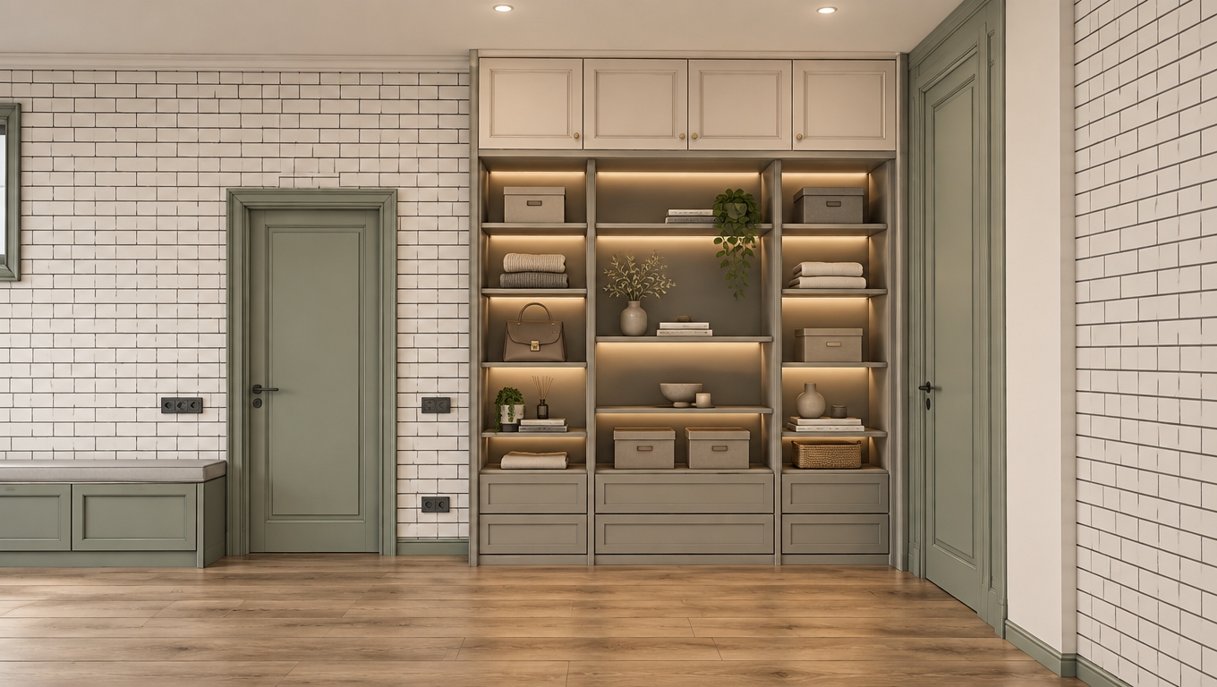 Transform the black and white sketch into a high-end photorealistic interior. Redesign the central wardrobe section into a fully open luxury storage combination with built-in shelves and clothing rods instead of closed doors. The top overhead cabinets (antresols) must remain closed with elegant neoclassical shaker-style frame doors. Two-tone color combination: light ivory-cream for the closed top doors, and sophisticated muted grey for the main frame and open shelves. The right side wall must be finished in realistic light beige brickwork texture. Warm integrated LED strip lighting illuminating the open shelves. Marble floor, professional architectural lighting, transitional style, 8k resolution все стены белый кирпичик с графитовым швом, мнизк выдвищие добавь, убери штанги. пол ппод дерево , цвет дверей зеленый шалфей, слева на напольных кафах убери ручки и дабавь мягкую всетлосерую седушку на шкафчиках напольных невысокую . цвет серого на шкафах замени на цвет свелее чем двери . с правой стороны шкафа добавь дверь вровень с секцией антресоли (фасад рамочный). снизу добавь в шкаве еще выдвижные третий ряд . за шкафом стена в сером цвете. цвет рамочных фасадов кашемир
