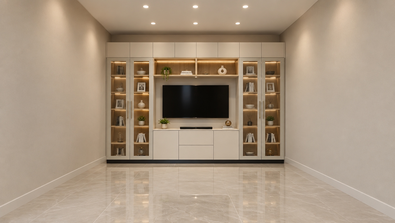 An incredibly lifelike, richly detailed, photorealistic interior shot of a contemporary living room set in an environment of refined tranquility. The scene is illuminated by recessed architectural ceiling spotlights, creating a balanced, light-filled atmosphere that highlights the clean-lined symmetry of the space. Captured with a 35mm wide-angle lens, emphasizing the sophisticated interplay between the custom floor-to-ceiling media cabinetry and the surrounding architecture, the room exudes an airy, understated elegance. The focal point features a bespoke wall unit finished in shades of warm white, pearl, and soft champagne, accented by natural wood shelving and glass-fronted displays that hold curated decor and elegant photography books. The smooth, matte finish of the pearl-toned cabinetry contrasts subtly with the sleek, polished stone-look flooring that spans the room in soft gray tones. Slim, brushed metal accents on the cabinetry hardware provide a touch of polished sophistication, while the minimalist composition creates a sense of spatial harmony, inviting one to imagine tailored, upholstered furniture and sculptural lighting elements placed within this pristine, thoughtfully designed sanctuary.