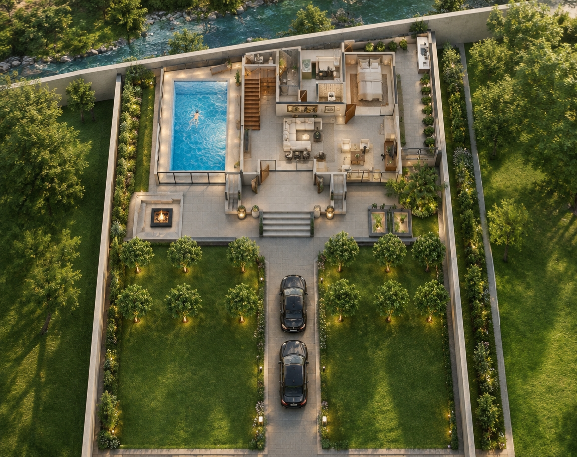 An incredibly lifelike, richly detailed, photorealistic elevated three-quarter architectural perspective shot of a luxurious classical duplex villa set in a sun-drenched private landscaped estate bordered by a tranquil northern stream. The scene is illuminated by bright summer midday sunlight balanced with warm interior ambient cove lighting and subtle underwater pool illumination, creating an atmosphere of contemporary elegance and refined serenity. Captured with a professional tilt-shift architectural lens from a slightly elevated vantage point, emphasizing the crisp geometric grid of 80×80 cm polished gray ceramic floor tiles, rich natural timber staircase steps, clear aquamarine pool water, and smooth limestone wall moldings. 

The three-dimensional cutaway view reveals the full spatial depth of the ground floor, displaying the expansive living and reception salon flanked by large transparent glass partitions that look directly into the luminous, covered indoor swimming pool on the left. Outside, positioned precisely on the elevated terrace directly in front of the pool enclosure, sits a sophisticated architectural fire pit, immediately bordered on its left by exactly four clean-lined, modern 15 cm steps that descend the 60 cm terrace drop down to the lush, manicured front lawn. Private narrow courtyard gardens frame the lateral setbacks with rich foliage and low hedges, while the solid northern perimeter wall gracefully bounds the rear, hinting at the clear, winding stream flowing just beyond. In the foreground, the paved driveway extends outward with parked luxury vehicles beneath neatly aligned garden trees, anchoring the villa's timeless classical proportions within its vibrant, realistic landscape.