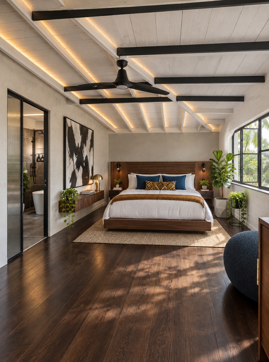 An incredibly lifelike, richly detailed, photorealistic wide-angle interior shot of a sophisticated modern fusion master bedroom set in a reimagined tropical loft retreat. The scene is illuminated by crisp natural morning light flooding through enlarged industrial steel-framed casement windows and accented by recessed warm ambient LED strips nestled within the rafter beams, creating a vibrant, airy, and upscale atmosphere. Captured with a Sony A7R V paired with a 24mm f/2.8 lens, emphasizing the tactile interplay between polished metallic accents, smooth concrete finishes, and rich walnut timber.
The vaulted whitewashed ceiling now showcases exposed matte black iron collar ties and a streamlined aerodynamic black fan, anchored below by refinished satin-smooth dark espresso floorboards. Taking center stage is a sleek, low-profile modular platform bed with an integrated slatted walnut headboard, dressed in crisp white Belgian linen accented with bold geometric throw pillows in ochre and electric blue. The blank left wall is elevated by a massive, dynamic black-and-white abstract canvas hung above a minimalist floating console displaying curated hardcover photography books and a brushed brass lamp. An industrial black-framed fluted glass pocket door seamlessly defines the open-concept bathroom threshold, while lush indoor greenery—including a mature Ficus lyrata and trailing philodendrons in minimalist geometric planters—brings an organic, revitalizing pulse to the clean, urban aesthetic.