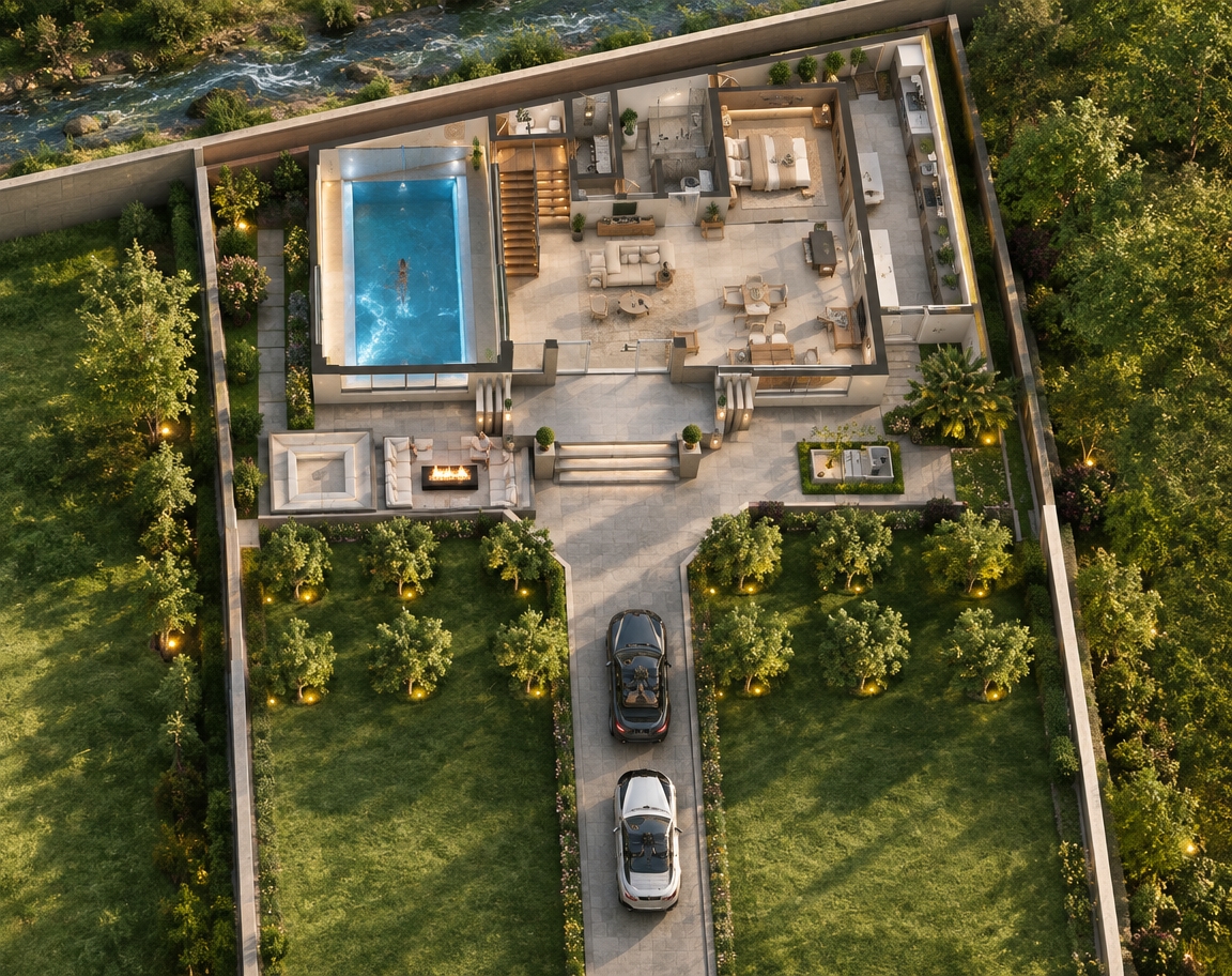 An incredibly lifelike, richly detailed, photorealistic elevated 3/4 aerial cutaway architectural photograph of a luxurious classical villa ground floor and private estate set in a sun-drenched garden retreat. The scene is illuminated by crisp, radiant midday summer sunlight balanced with warm interior LED perimeter cove lighting, creating an inviting, prestigious sanctuary atmosphere. Captured with a high-resolution tilt-shift architectural lens, emphasizing matte 80×80 cm gray ceramic floor tiles, rich natural wood grain along the central staircase, and the pristine, shimmering aquamarine water of the glass-enclosed indoor swimming pool on the left wing. Through transparent floor-to-ceiling glazing, the pool connects seamlessly to the expansive reception hall, which sits adjacent to a private master suite and an enclosed rear-right kitchen aligned against the solid northern boundary wall, with a serene natural stream subtly visible just beyond the property line. At the front, the elevated terrace sits exactly sixty centimeters above the manicured lawn, featuring a modern architectural fire pit positioned directly in front of the pool room, flanked on its left by four clean, fifteen-centimeter stone steps leading down to lush greenery, slender side-courtyard gardens, and a neatly paved driveway framed by sculptural ornamental trees and parked luxury vehicles.
