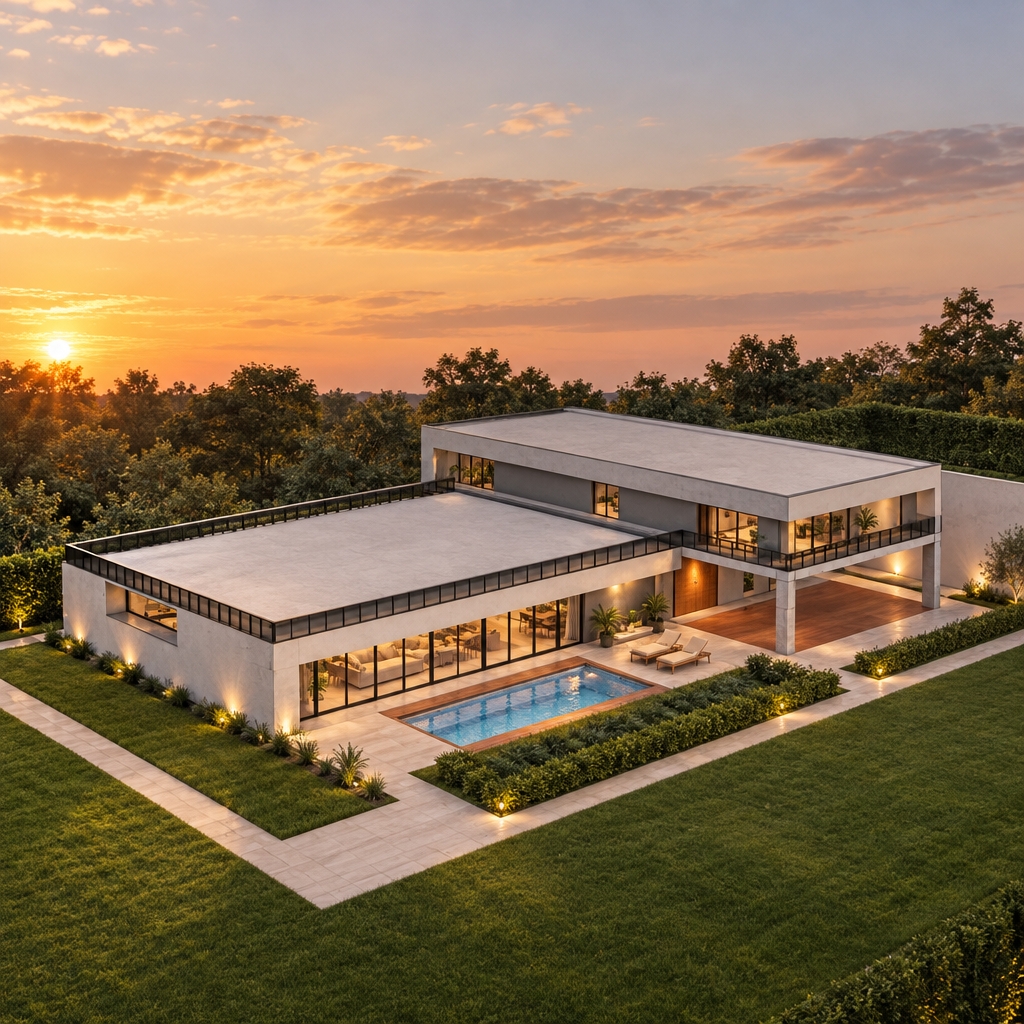 Photorealistic architectural render of the exact building in the reference image, preserving the original design, proportions, windows, roofs, columns and swimming pool. Modern luxury residential style, realistic concrete and plaster textures, glass windows, landscaped lawn, realistic pool water, soft natural lighting, high-quality materials, realistic shadows and reflections, golden-hour lighting, professional architectural photography, 4K, same camera angle.