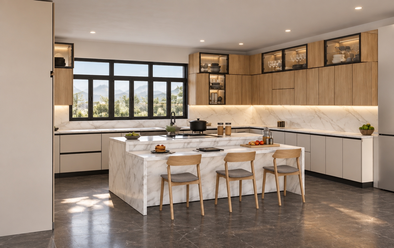 An architectural interior photograph of the kitchen matching the exact perspective, framed beneath a solid matte white drywall ceiling with soft recessed lighting. Natural daylight streams through the black-framed window grid, mingling with gentle warm overhead illumination across the entire space. Surfaces feature realistic textures, including genuine light oak grain on the upper cabinetry and barstools, delicate veining and gloss on the white marble waterfall island, and subtle reflections across the dark stone floor tiles. The glass display units strictly feature glassware and dishware with no plants, while authentic contact shadows, soft ambient occlusion, and balanced dynamic range ground every fixture and countertop accessory in physical reality.