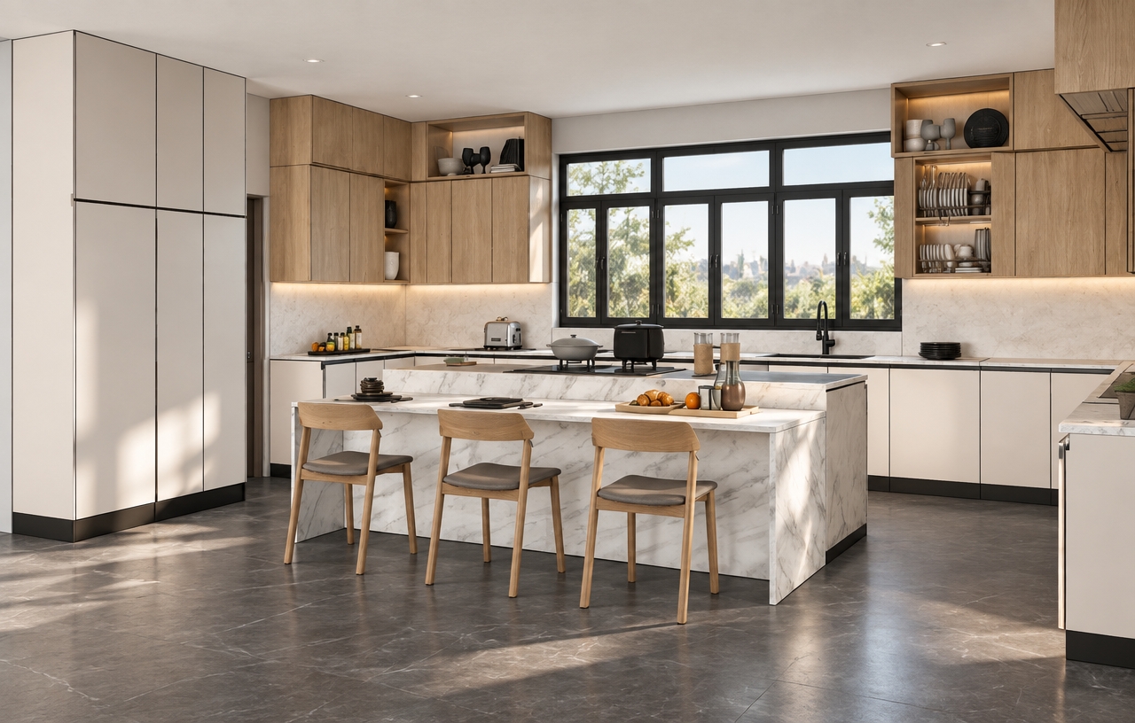 A photorealistic architectural photograph capturing the exact kitchen layout, seamlessly enclosed with a smooth matte-white ceiling overhead instead of the open sky. Bright natural daylight pours through the black-framed window grid, casting soft, diffused shadows across the polished dark slate floor and the delicate veining of the marble waterfall island. The cabinetry displays realistic tactile finishes, contrasting smooth off-white lower units with fine-grained natural light oak upper cabinets, leaving the open shelf niches neatly styled with dishware and glass accessories while free of any plants. Captured with a balanced wide-angle architectural lens, featuring true-to-life ambient reflections, crisp geometric lines, and natural morning light warmth.