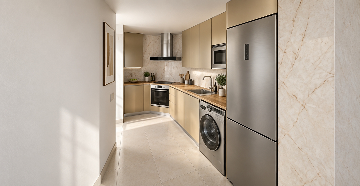 A realistic eye-level interior photograph capturing the exact kitchen composition with seamless handleless cabinetry finished in a soft satin pearl gold. The countertop features the warm, fine organic grain of natural Irati fir wood, complemented by a brushed stainless steel sink, faucet, and appliances. Pale stone wall cladding and square ceramic floor tiles reflect natural ambient daylight entering from an unseen source, with no artificial under-cabinet lighting. Tasteful, minimal kitchen decor sits naturally on the surfaces, captured through a crisp wide-angle lens with subtle ambient shadows, realistic material reflections, and faint photographic depth.