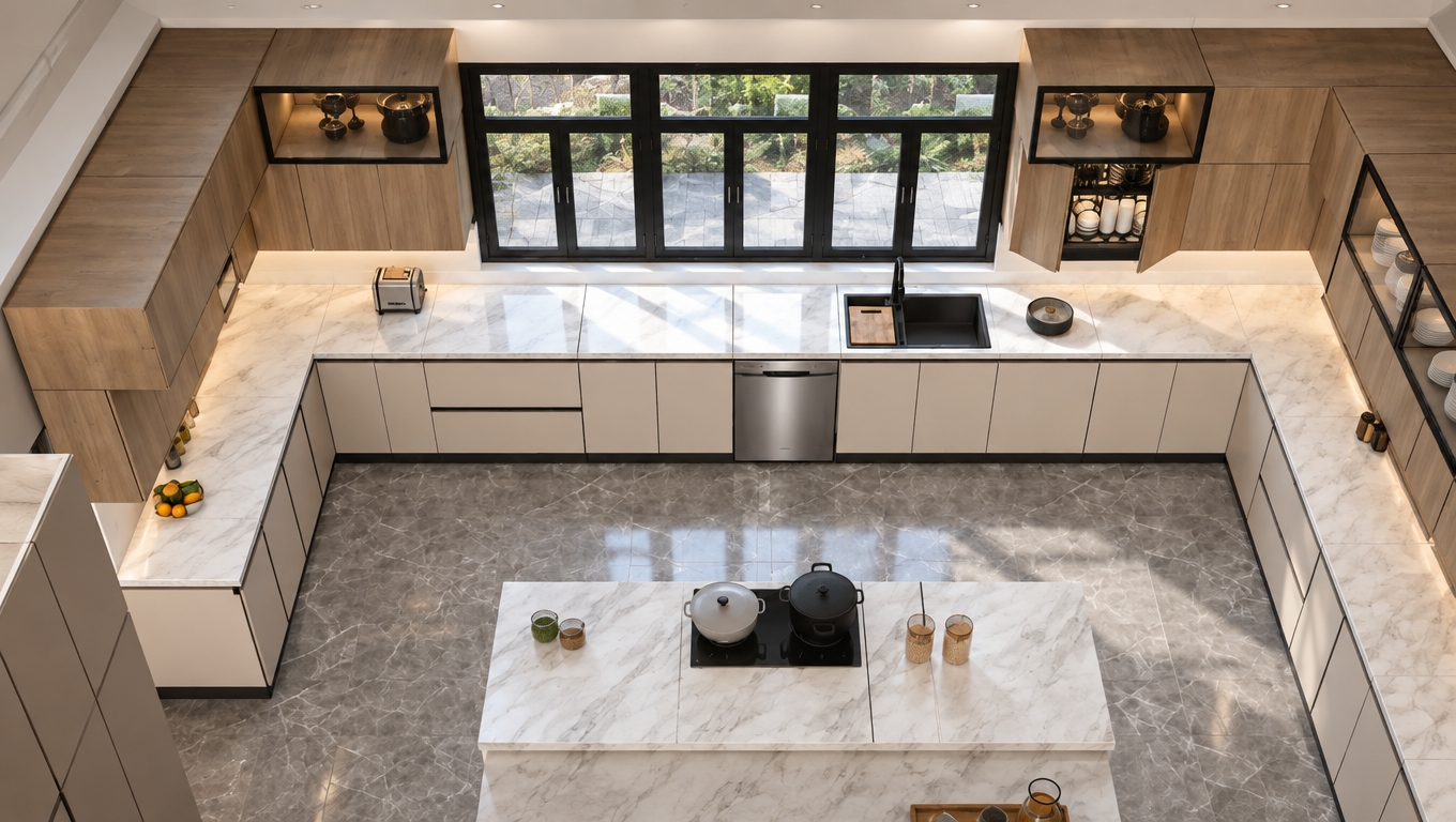 A clean, photorealistic architectural photograph captured from a high-angle perspective, preserving the exact layout, geometry, and placement of the kitchen. Natural daylight streams through the large black-framed windows, complemented by soft, warm recessed lighting from a finished flat white ceiling above. Surfaces feature lifelike textures, including soft veining and subtle gloss on the marble countertops, realistic wood grain on the upper cabinets, and authentic brushed metal finishes on the stainless steel dishwasher and black fixtures. The glass-front cabinets display tableware clearly without any plants, while the polished grey floor tiles subtly reflect the ambient light, completed by natural shadows, fine depth of field, and delicate lens sharpness.